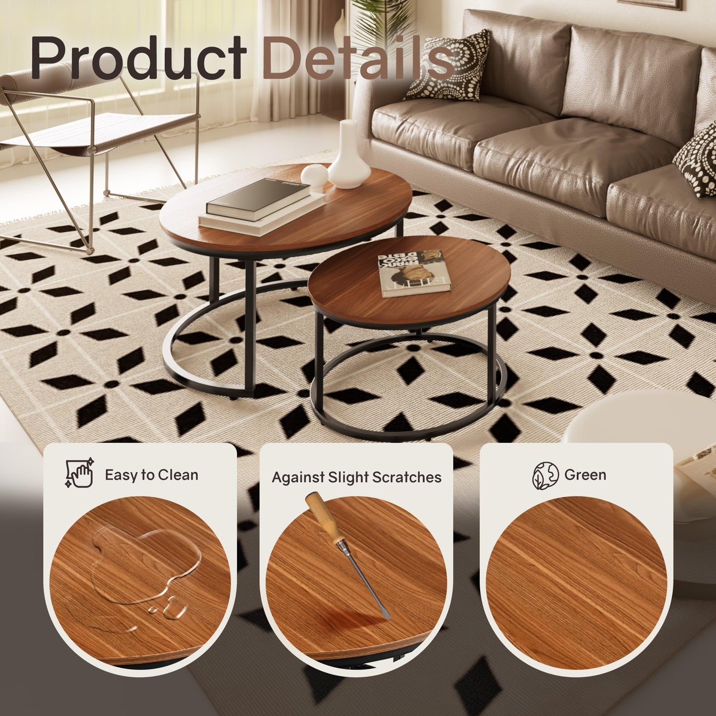 Otterease Nesting Tables Set of 2, 31.5" Round Coffee Table, Small Nesting Coffee Table with Adjustable Non-Slip Fee, Wood Grain Top Nesting Tables for Living Room, Bedroom (Wood Grain Brown)