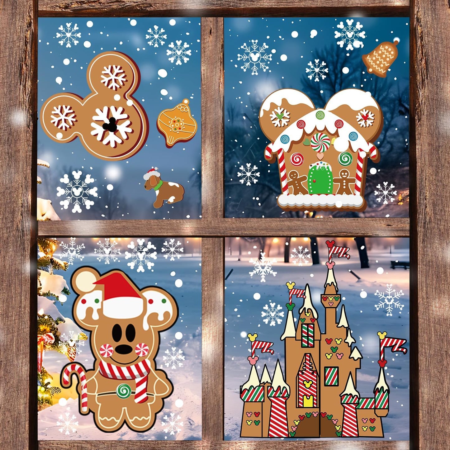 Christmas Gingerbread Window Cling Decorations - 12 Sheets Double-Sided Christmas Gingerbread Sticker for Window Decor, Mouse, Castle, Snowflake Stickers for Indoor Office Home Decor