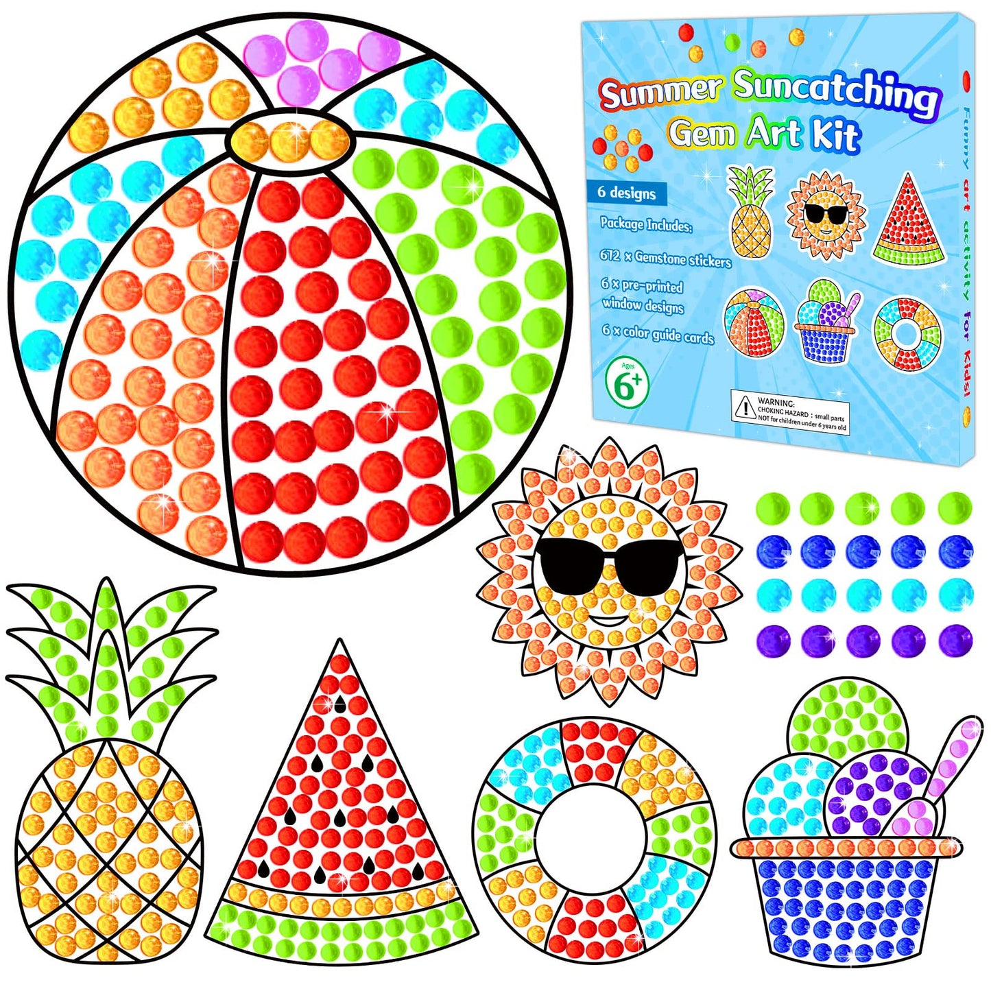 Qyeahkj 6pcs Summer Arts and Crafts Kits Suncatcher Easy Art Craft for Kids Children Teenagers at 4-12 DIY Fun Sun Fruit Diamond Painting Kits for Girls Boys Ages 3 4 5 6 8 10 12