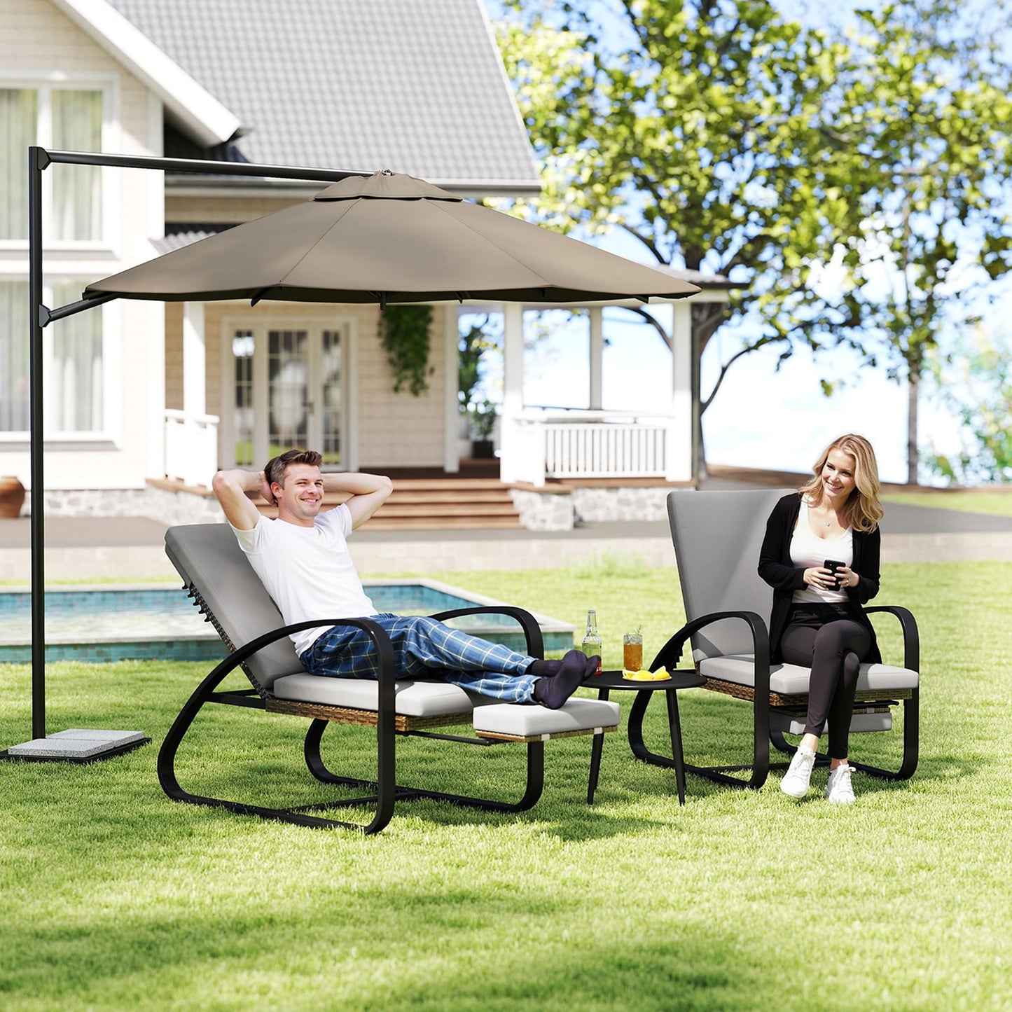 DAYARUS 3 Piece Patio Furniture Set with Pullout Footrest, Adjustable Backrest Patio Conversation Set, Metal Patio Chairs with Coffee Table, Outdoor Furniture Lounge Recliner for Lawn/Balcony, Grey