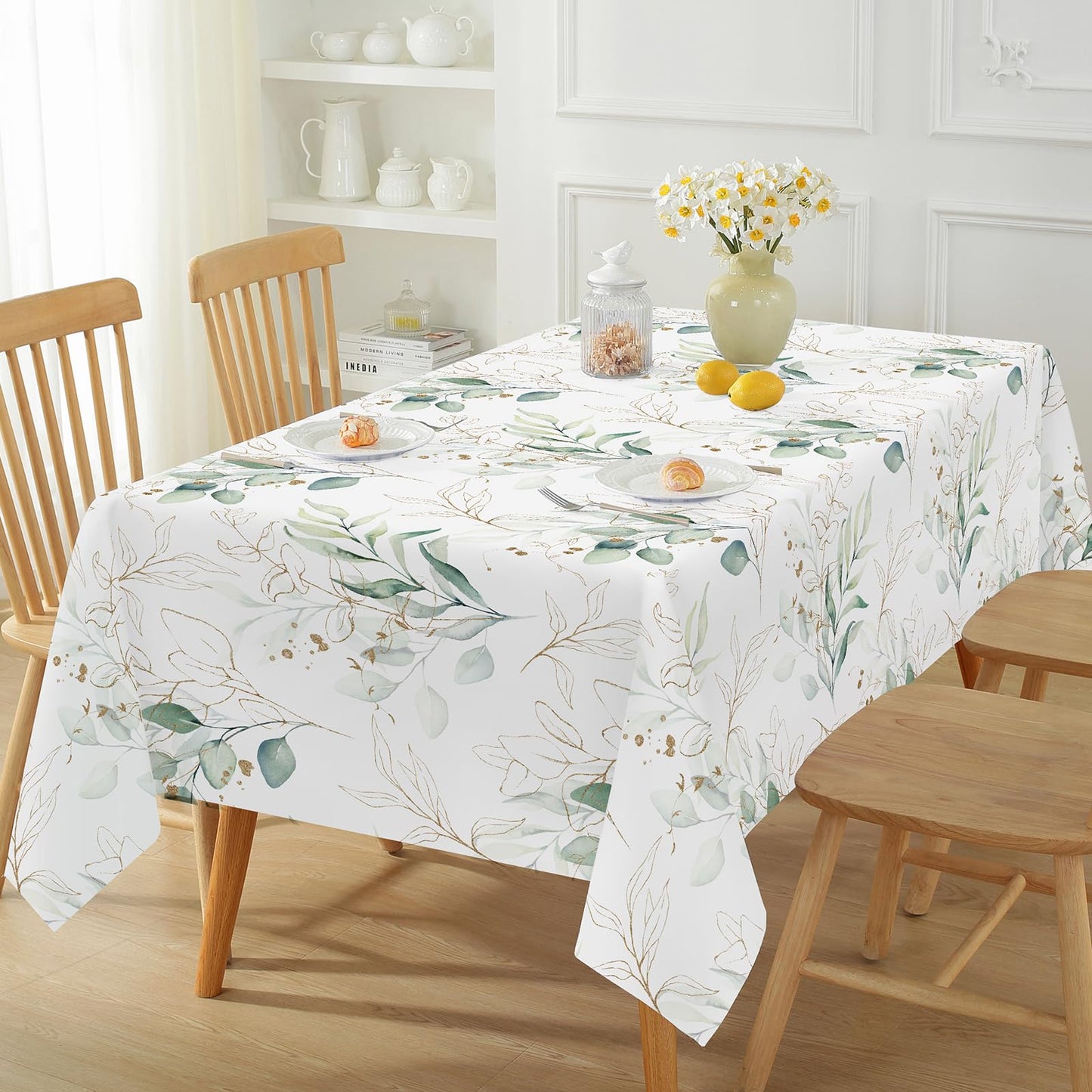 Honellaty Summer Tablecloth 52" x 70" Rectangle, Eucalyptus Leaves Table Cloths Spill-Proof Stain Resistant Wrinkle Free Table Cover for Dining, Party, Picnic