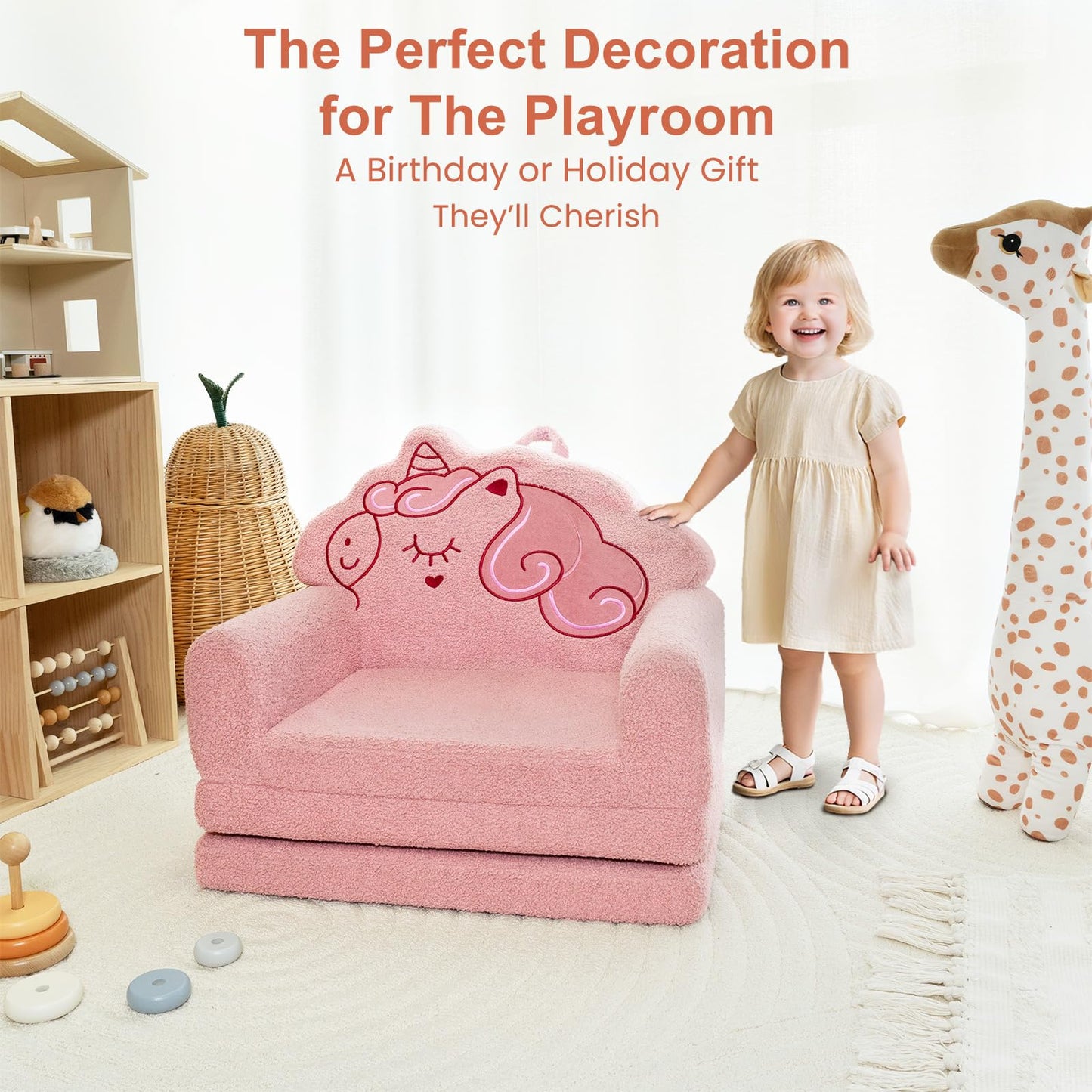 TinyPalsa Kids Couch, 53.1”x23.6” Sofa Bed, Convertible Sofa to Lounger Fold Out, Pink Unicorn Design Chair for Toddlers 1-3, Gift for Birthday, Movie Night