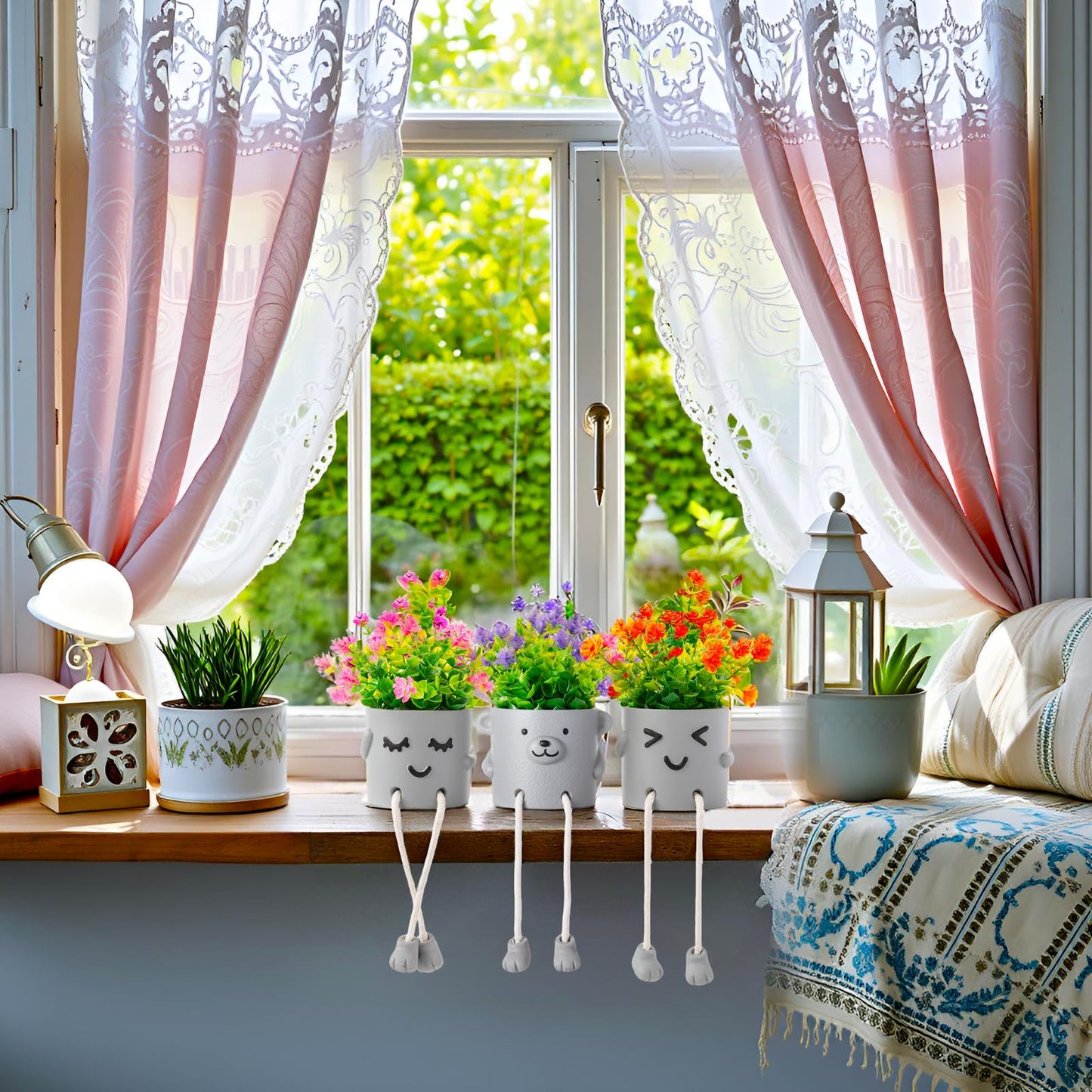 skycoo 3Pack Fake Plants in Cute Pots, Indoor Faux Plants Decorations Lifelike with 60 Artificial Flowers for Office Bathroom Bedroom Living Room Kitchen Home Farmhouse Shelf Decor C