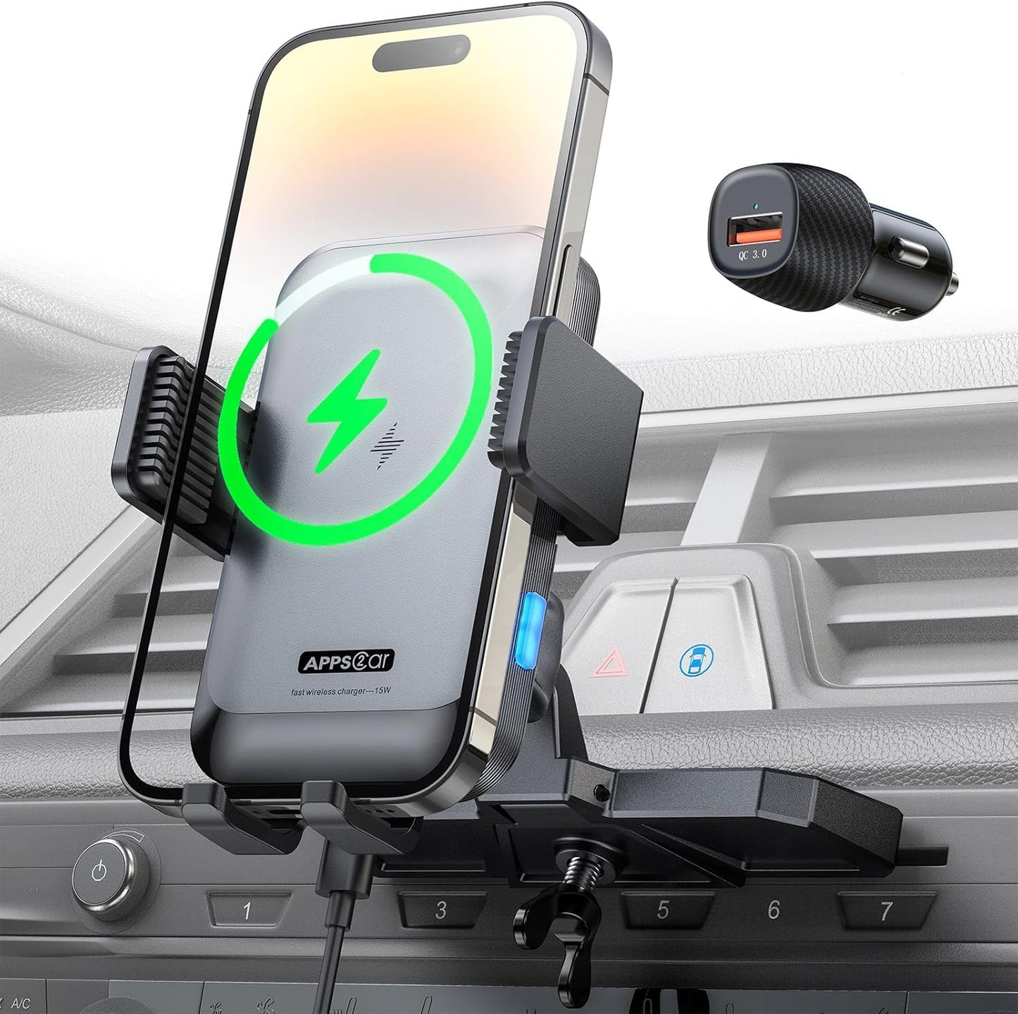 APPS2Car Wireless Car Charger Mount CD Slot Auto Clamping 15W Fast Charging CD Phone Holder for Car Wireless Charger Fit for iPhone 16 15 14 13 12 Pro Max, Samsung S23 Ultra S22, Google, LG etc.