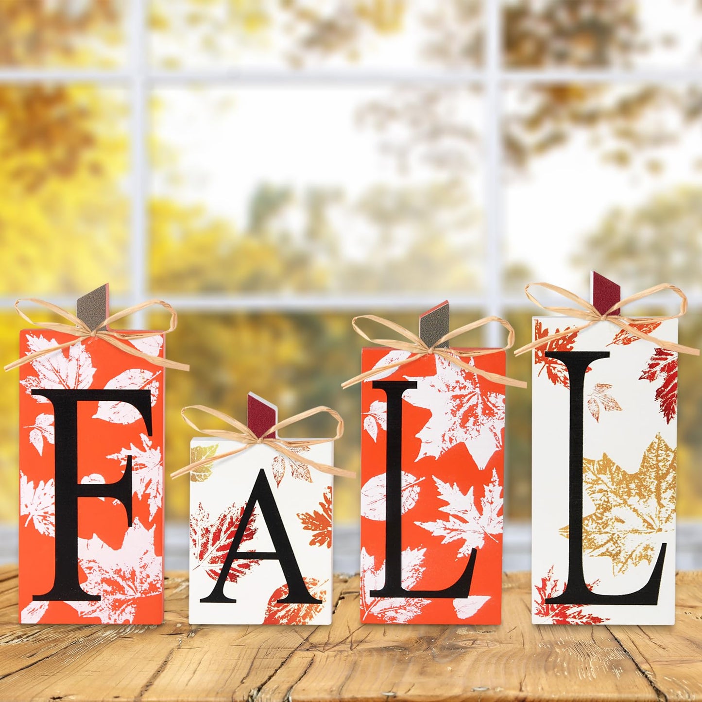 Fall Decorations for Home - 4 PCS Wood Fall Lettered Pumpkin Sign Block Set Autumn Centerpieces Decor for Tables Tabletop Desk Tiered Tray Farmhouse Harvest Thanksgiving Office Indoor Party Decor