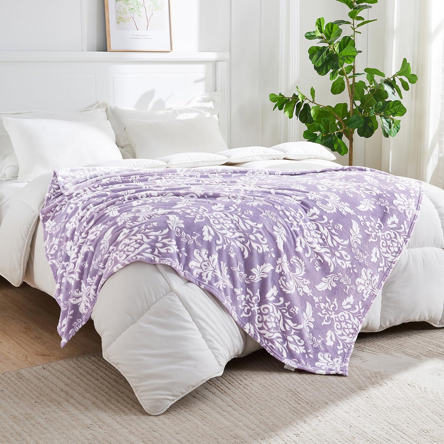 SOCHOW 3D Pattern Decorated Flannel Fleece Throw Blanket for Couch, Super Soft Lightweight Cozy Warm Blanket for Bed, Sofa, Dusty Purple 50 x 60 Inches