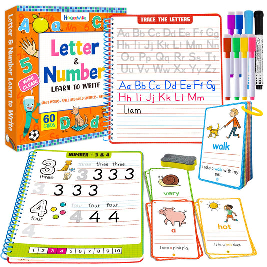 HOQEEWIPE Preschool Learning Activities - 60 Reusable Cards, Pre-K Kindergarten Workbook, Autism Supplies Montessori Educational Game, Sight Words & Handwriting Practice Book for Kids Ages 3 4 5 6