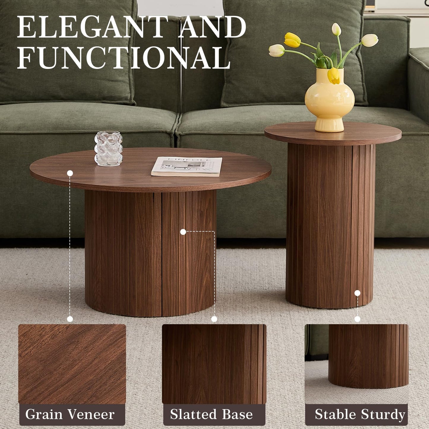 iQunLeo Small Round Coffee Table Set of 2, Wood Finish Nesting Coffee Tables, Boho Circle Side Table for Living Room (φ27.6 Large Short + φ15.8 Small Tall)