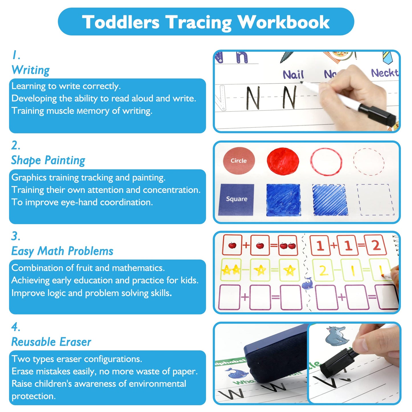 Handwriting Practice Book for kids, Toddlers Preschool Learning Activity 40 Pages Autism Educational Montessori Toys Learn Number Letters Shapes Animal & Sight Words Workbook with 8 Dry Erase Markers