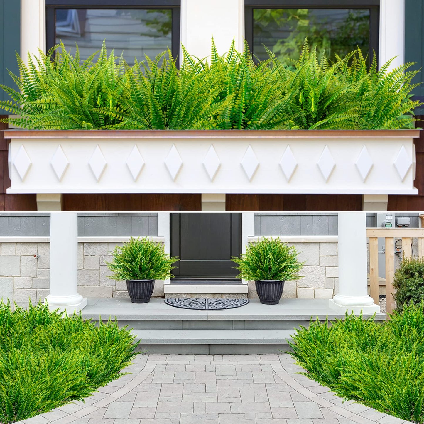 Ouddy Decor 12 Bundles Artificial Boston Ferns Artificial Plants Outdoor Greenery Stems Faux Shrubs UV Resistant for Garden Front Porch Table Window Box Home Decorations