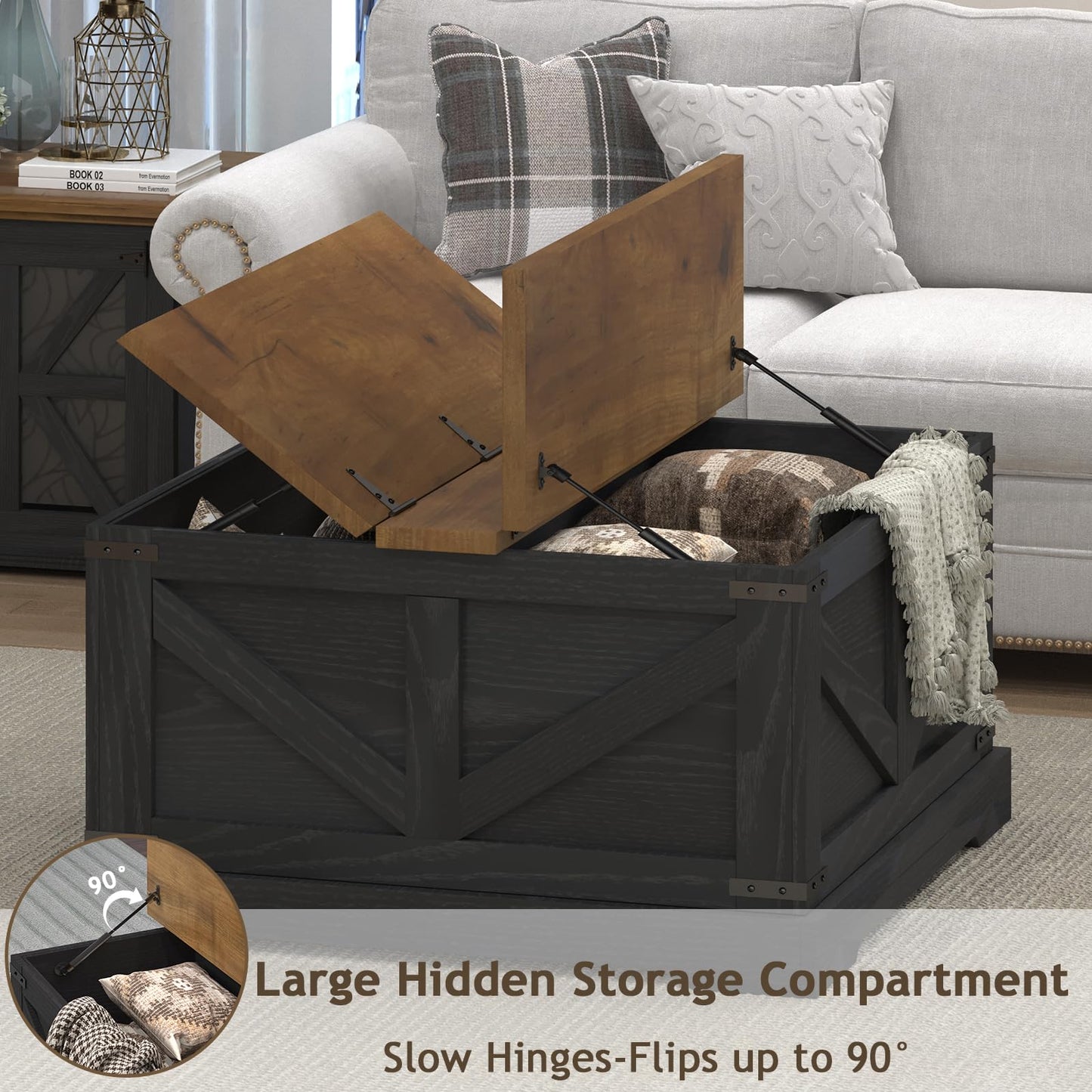 REVOMINCA Farmhouse Coffee Table with Hidden Storage Compartment, Black Square Coffee Table for Living Room, Wood Center Table with Hinged Lifting Tabletop for Home