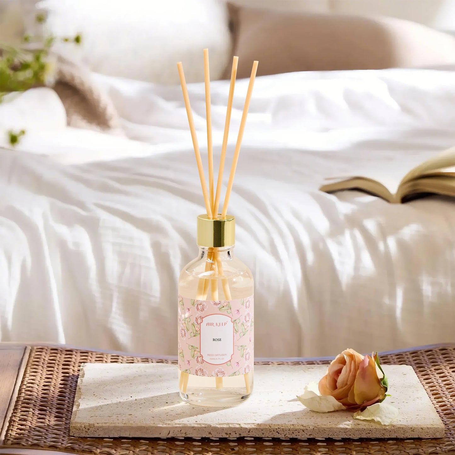 Airkeep Reed Diffuser Oil Set with Reed Sticks,Rose Aromatherapy Oil Scent Diffuser for Home Office Bathroom Decoration Perfume and Gifts 200ml/6.76 oz