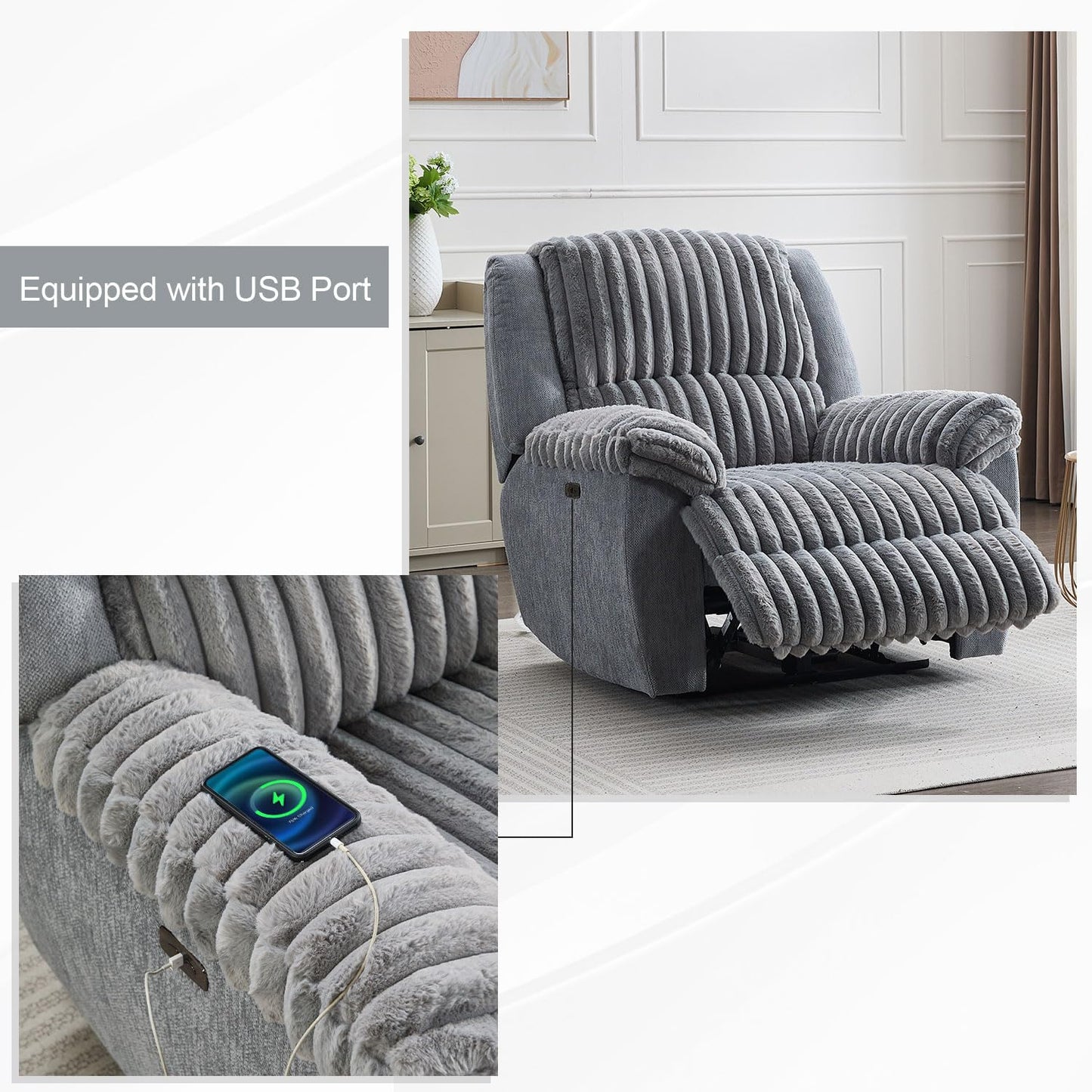 Oversized Power Recliner Chair for Adults, 42" Wide Electric Reclining Chair with USB Port, Faux Fur Overstuffed Single Recliner Chairs for Living Room/Bedroom/Office