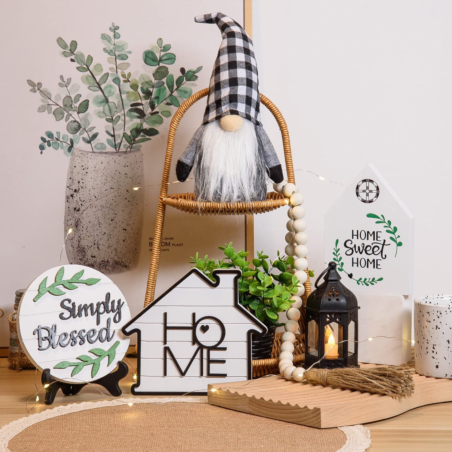 10 Pcs Farmhouse Tiered Tray Decor Rustic Wooden Home Decor Wood Bead Garland Sweet Wooden Sign with Artificial Succulents Plants Mini Candle Lantern for Farmhouse Home Kitchen(Tray Not Included)