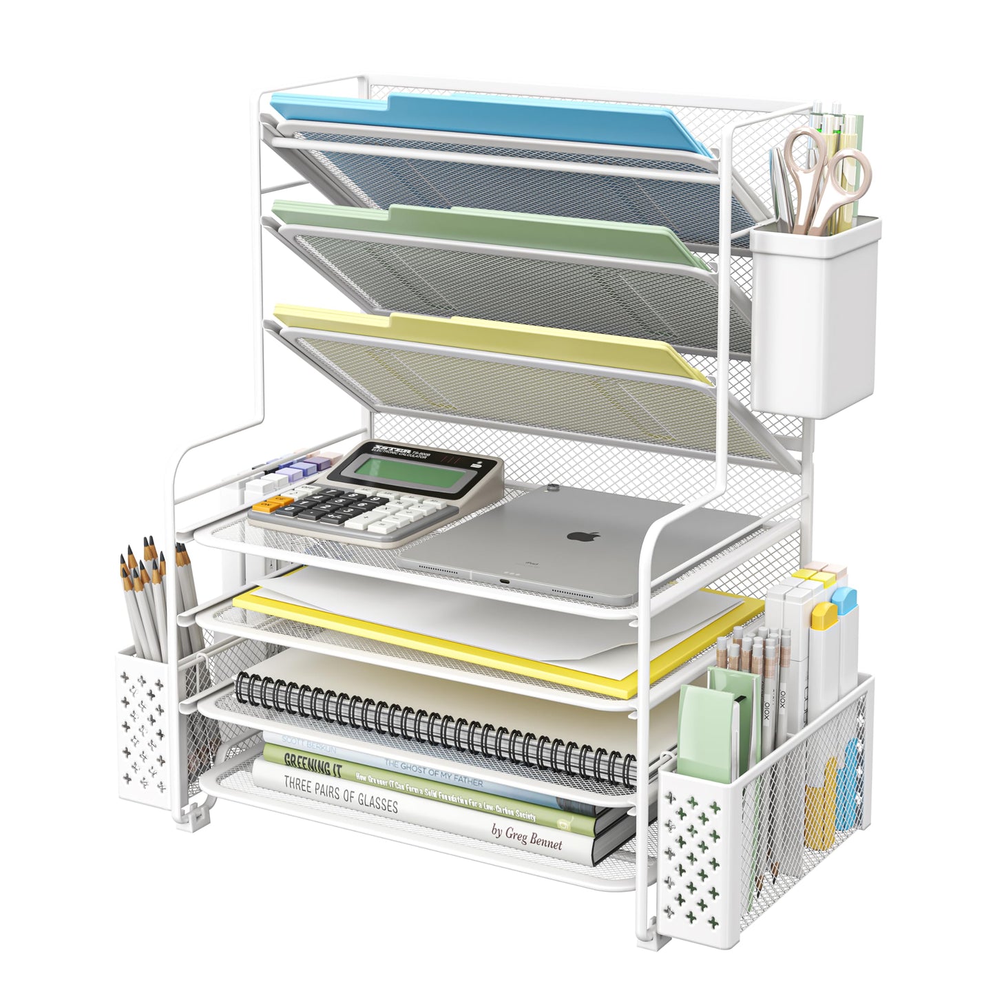 Simple Trending 7 Tier Desk File Organizer, Letter Tray Paper Organizer with Pen Holder and Metal Hanging Basket, Black