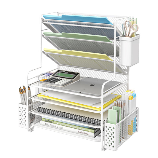 Simple Trending 7 Tier Desk File Organizer, Letter Tray Paper Organizer with Pen Holder and Metal Hanging Basket, Black