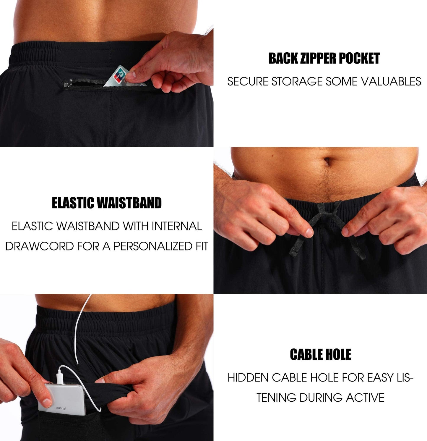 Pudolla Men’s 2 in 1 Running Shorts 5" Quick Dry Gym Athletic Workout Shorts for Men with Phone Pockets(Black Large)