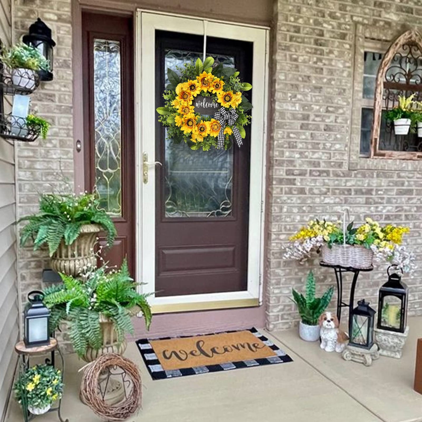 Sunflower Wreath with Welcome,Spring Summer Wreath for Front Door, Unique Housewarming Gift,mother'day Gift,Farmhouse Porch Decor,Sunflower Wall Decor,Wedding Favors,Year Round wreaths-20inch