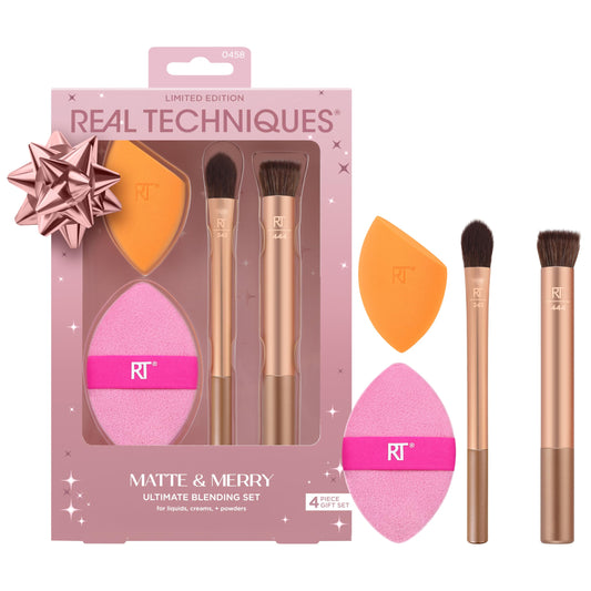 Real Techniques Matte & Merry Ultimate Blending 4 Piece Holiday Gift Set, Foundation Makeup Sponge, Dual-Sided Powder Puff, & 2 Makeup Brushes, Kitten Paw Brush, Stocking Stuffer, Limited Edition