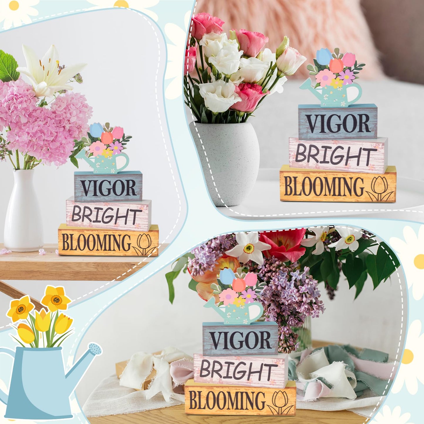 Summer Tiered Tray Decor Wooden Flower Kettle Block Signs Spring Wood Flower Block Summer Tiered Tray Decorations Vigor Bright Blooming Centerpiece Decorations for Kitchen Home Shelf Office Decor
