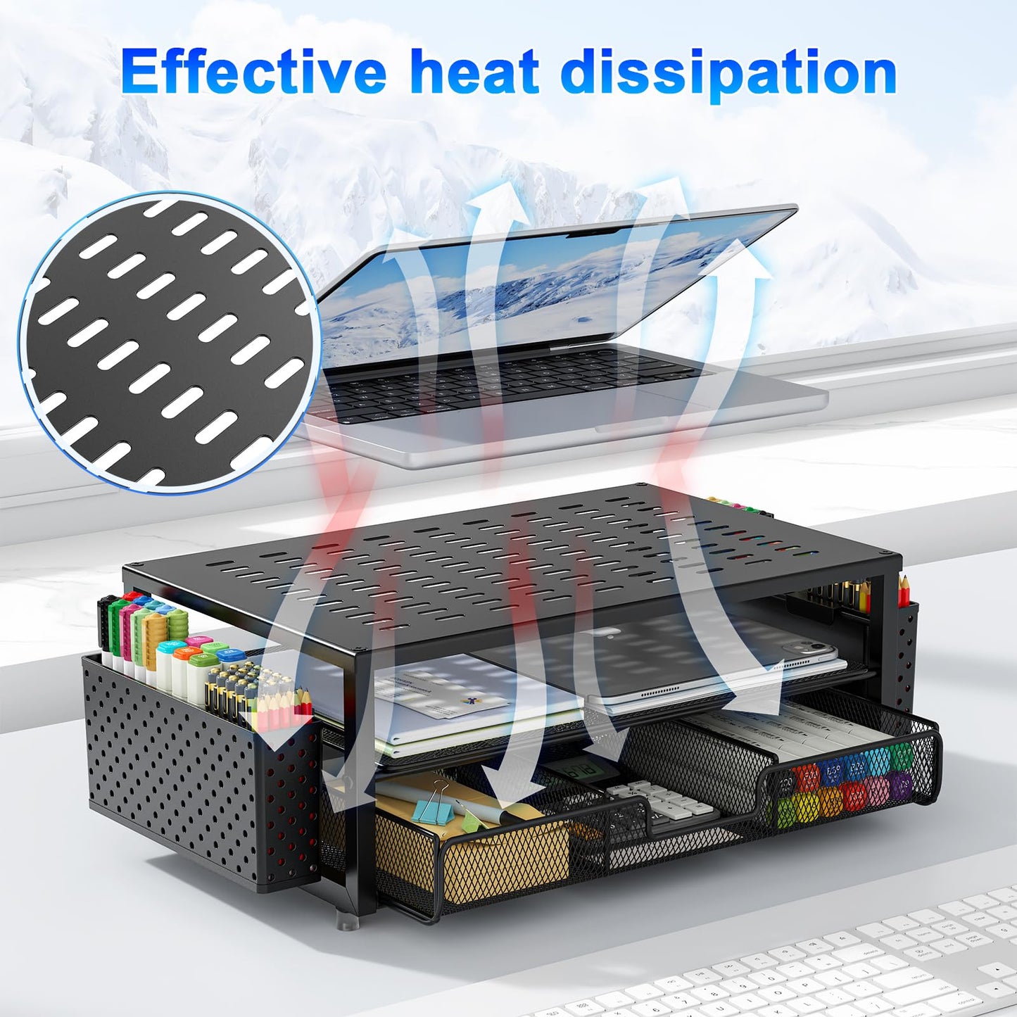 gianotter Desk Organizers and Accessories, Monitor Stand with Drawer and 2 Pen Holder, Desktop Organizer Suitable for Offices and Dormitories (Black)