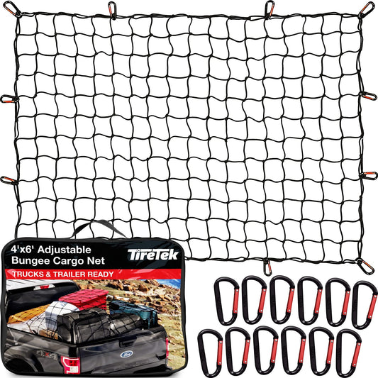 Cargo Net for Pickup Truck Bed (4' x 6' Stretches to 8' x 12') Heavy Duty Pickup Truck Bed Accessories - 2 Metal Carabiners, Bungee Mesh Accessory with Strap Hooks for SUV, Trailer Tarp
