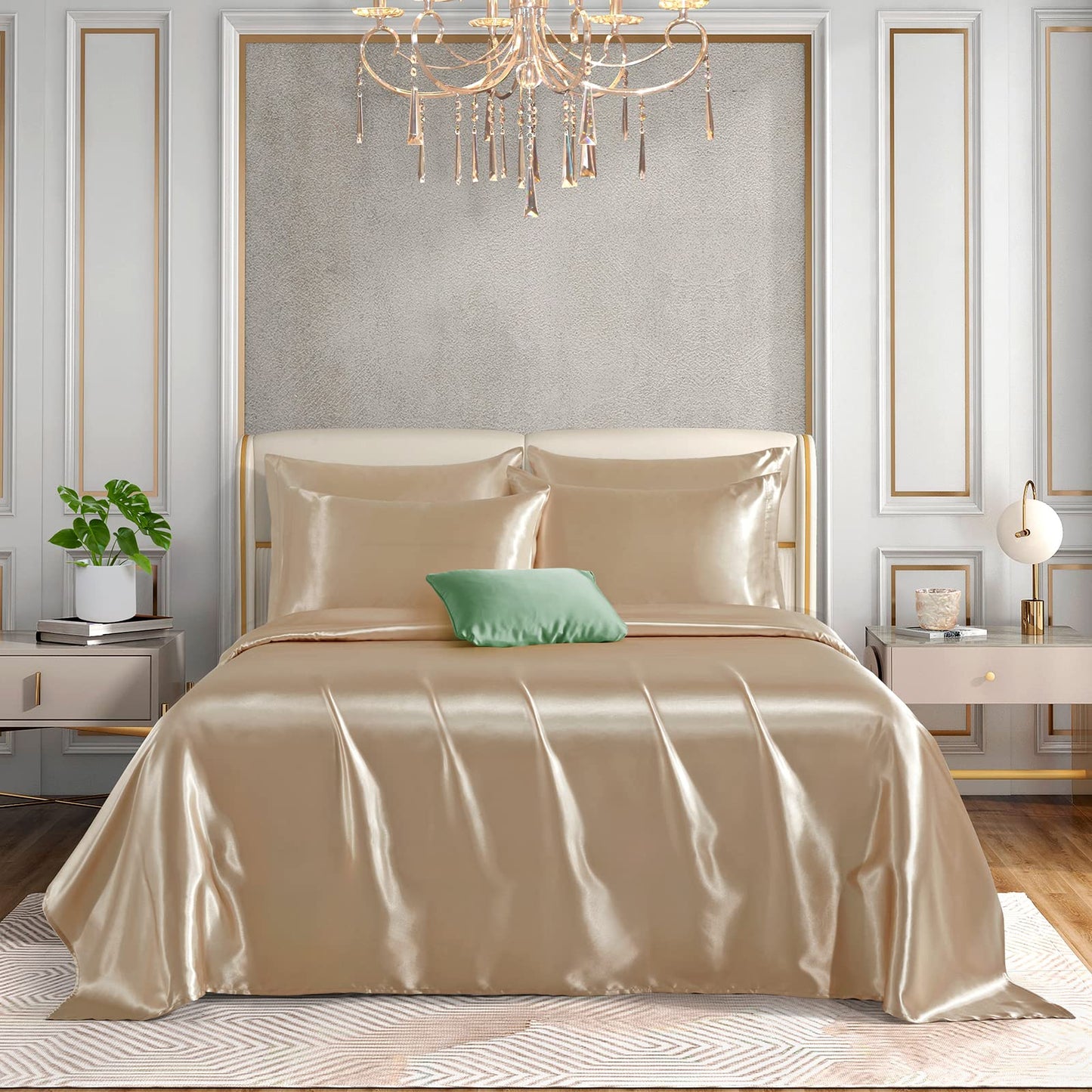 Horbaunal 6 Piece Satin Sheet Set King Size Luxury Silky & Soft Beige Satin King Bed Sheet Set with 16" Deep Pocket, 1 Fitted Sheet, 1 Flat Sheet, 4 Pillowcases