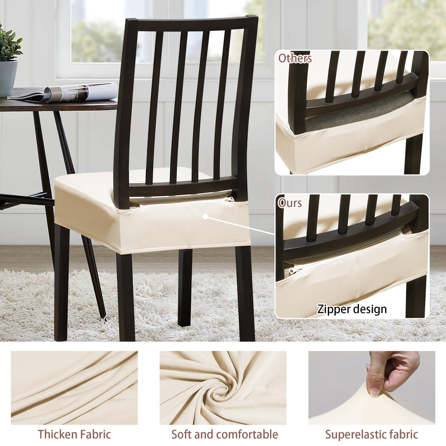 DREAHOTEXTIL Dining Chair Covers,Seat Covers for Dining Room Chairs Set of 4,Stretch Kitchen Chair Covers,Removable Washble Dining Room Chair Seat Cover,Chair Slipcovers Protector (Beige,with Zipper)