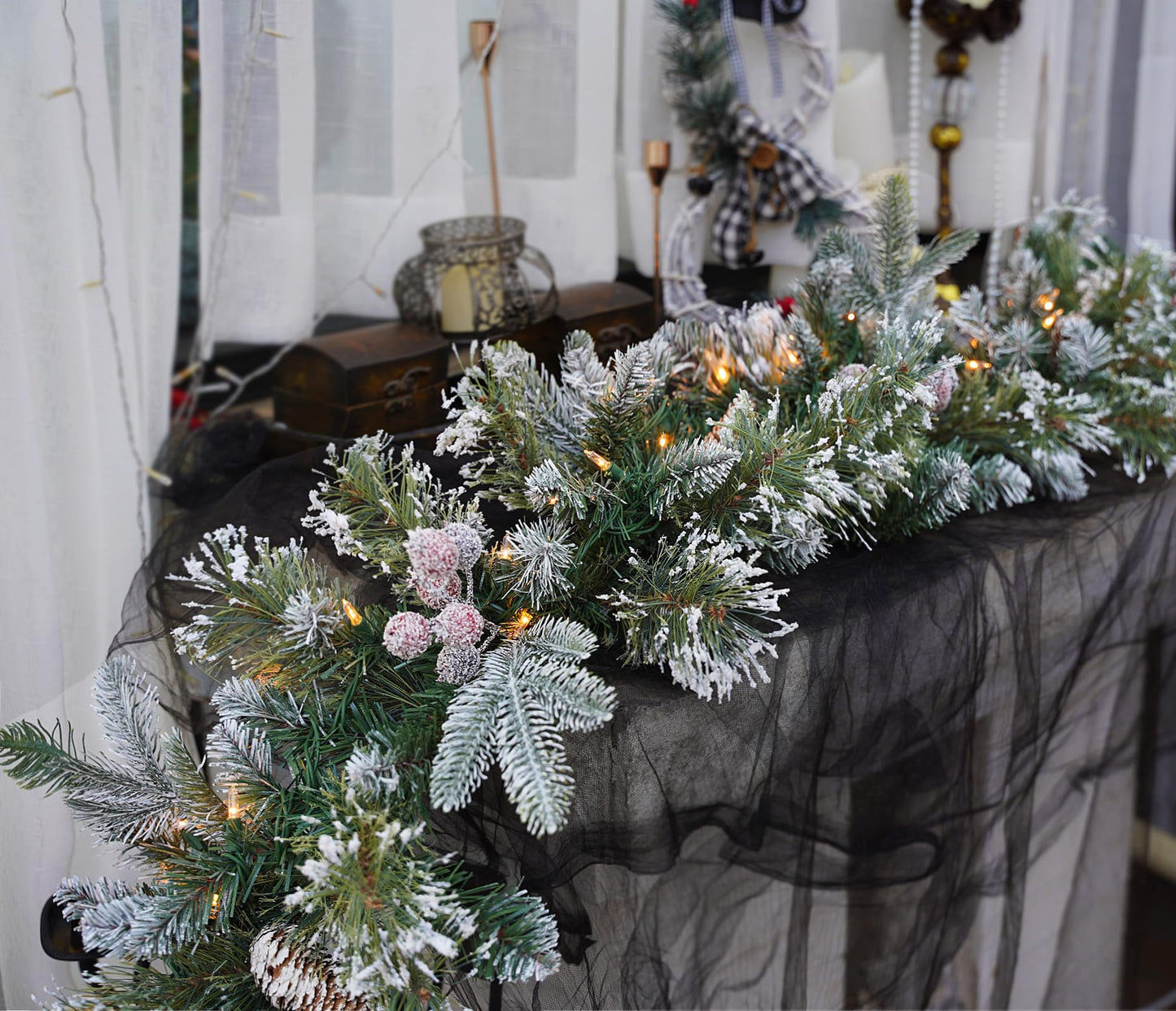 CRSMATTS Pre-Lit Artificial Christmas Garland, Snowy Garland, White Lights 50, Decorated with Pine Cones, Berry Clusters,Pine Needle,Plug in, Christmas Decorations, 6 Feet