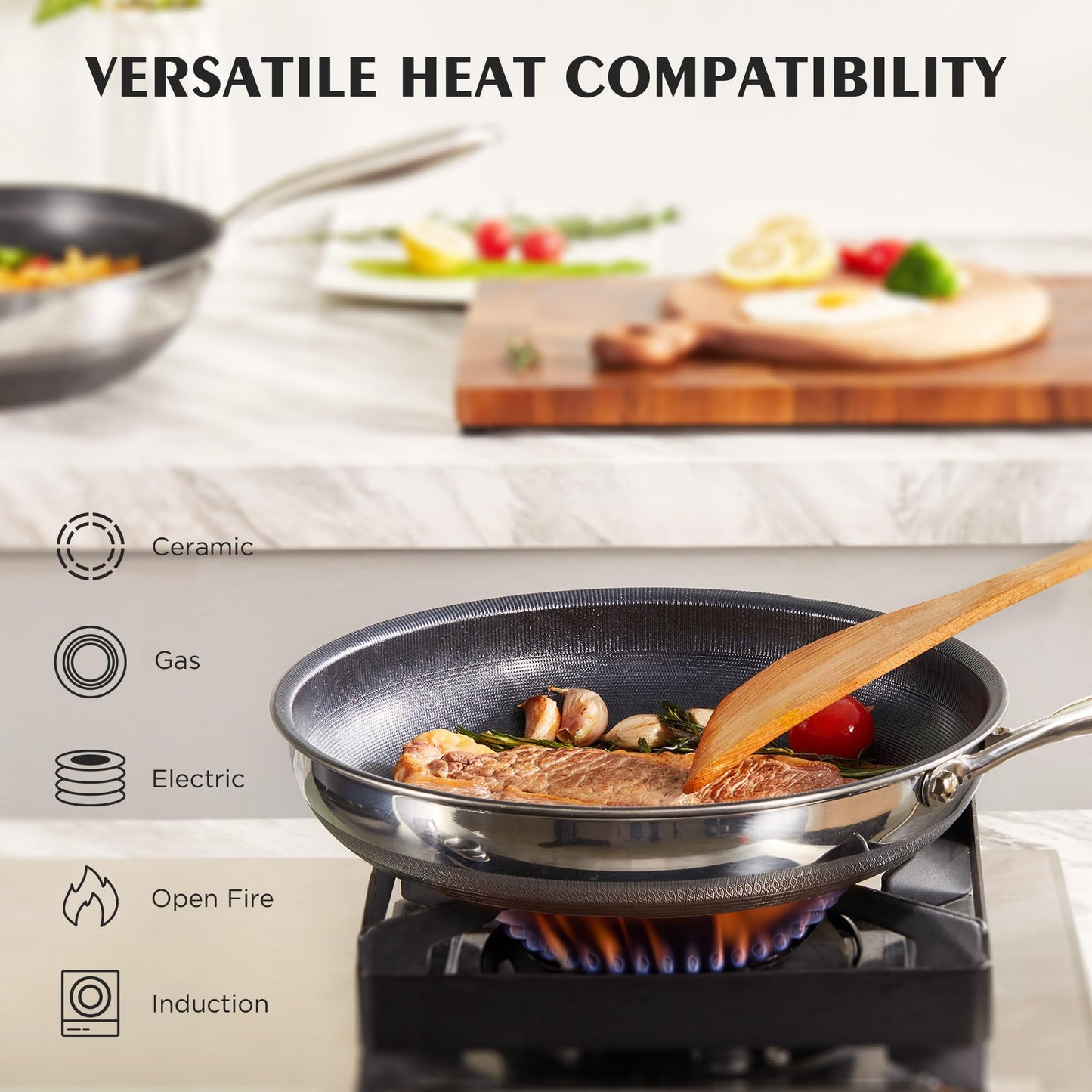 KITEXPERT Non Stick Frying Pans Set, Titanium Ceramic Pan with Lids, Nonstick Skillet Stainless Steel, PFAS PFOA & PTFE Free, Dishwasher & Oven Safe, All Cooktops Compatible, 3 Piece (8, 10, 12")