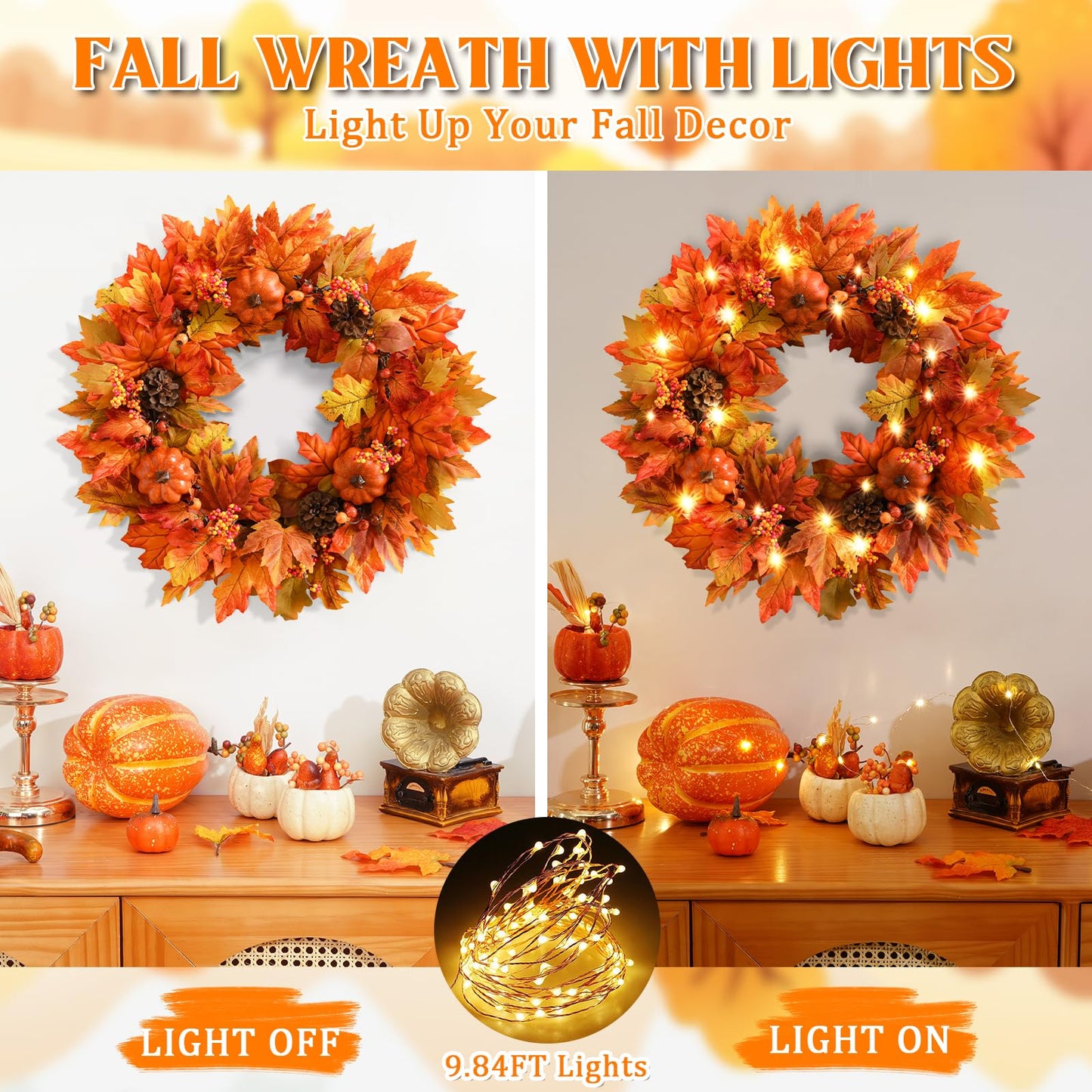 Fall Decor - Fall Wreaths for Front Door, 20 Inch Autumn Wreath with Pumpkins Maple Leaves for Harvest Home Outdoor Thanksgiving Decor