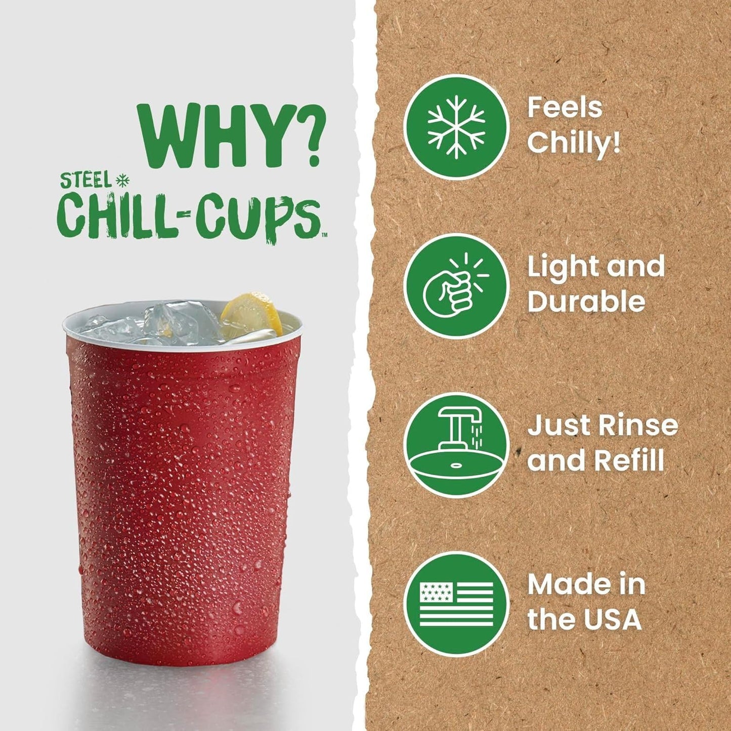Steel Chill Cups 16 oz. Party Cups, Perfect for Cold Drinks, Sturdy & Durable, Disposable and 100% Recyclable, Made in USA, Red, 12 Count