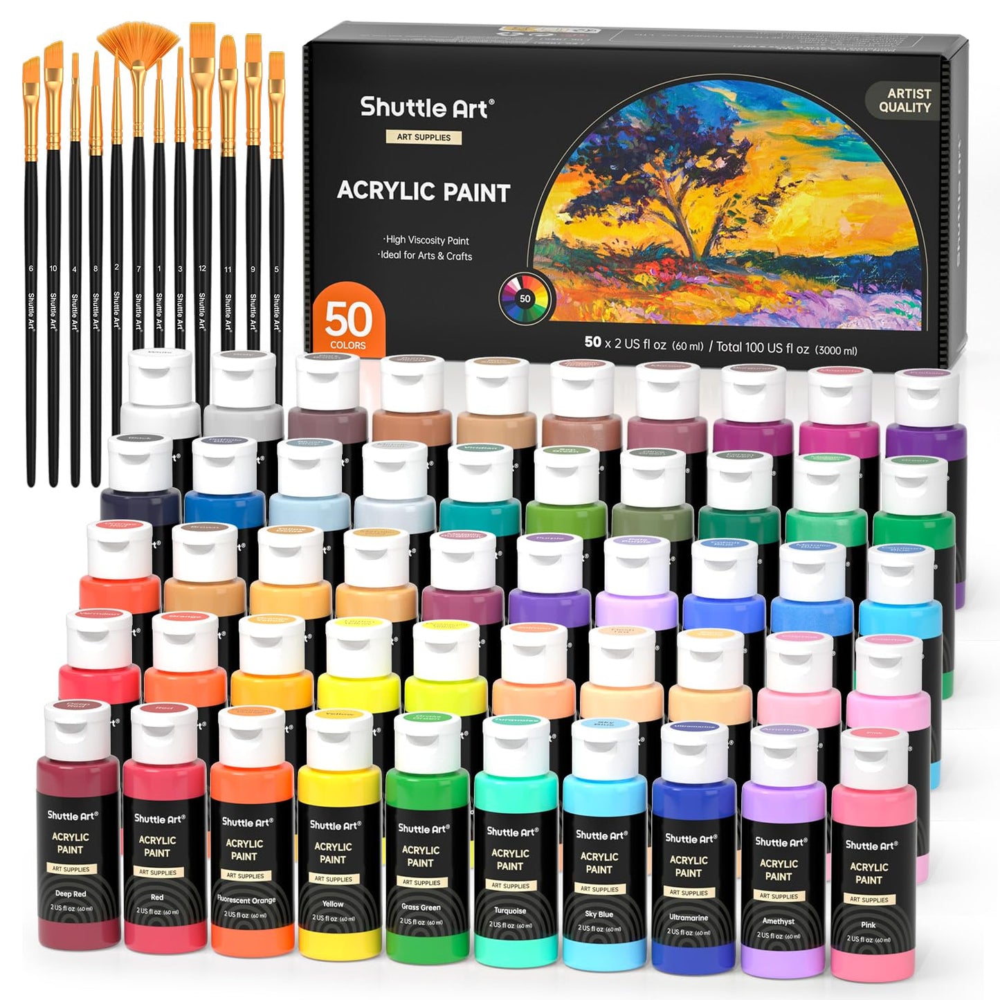 Shuttle Art Acrylic Paint, 50 Colors Acrylic Paint Set, 2oz/60ml Bottles, Rich Pigments, Water Proof, Premium for Artists, Beginners and Kids on Canvas Rocks Wood Ceramic Fabric