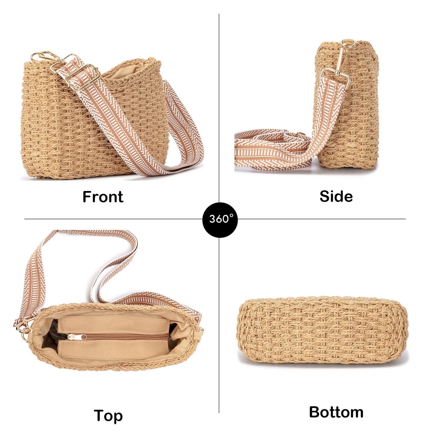 Herald Small Handmade Straw Crossbody Bag for Women, Summer Chic Woven Handbag Shoulder Purse with Chain & Guitar Strap (Coffee)