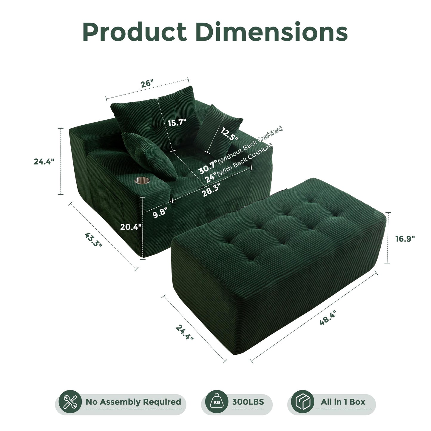 MAXYOYO Oversized Chaise Lounge Sofa, Upholstered Lounge Chair with 3 Pillows Indoor, Tufted Boneless Sofa Couch with Ottoman, Deep Seat Sleeper Chair for Living Room, Bedroom, No Assembly, Green