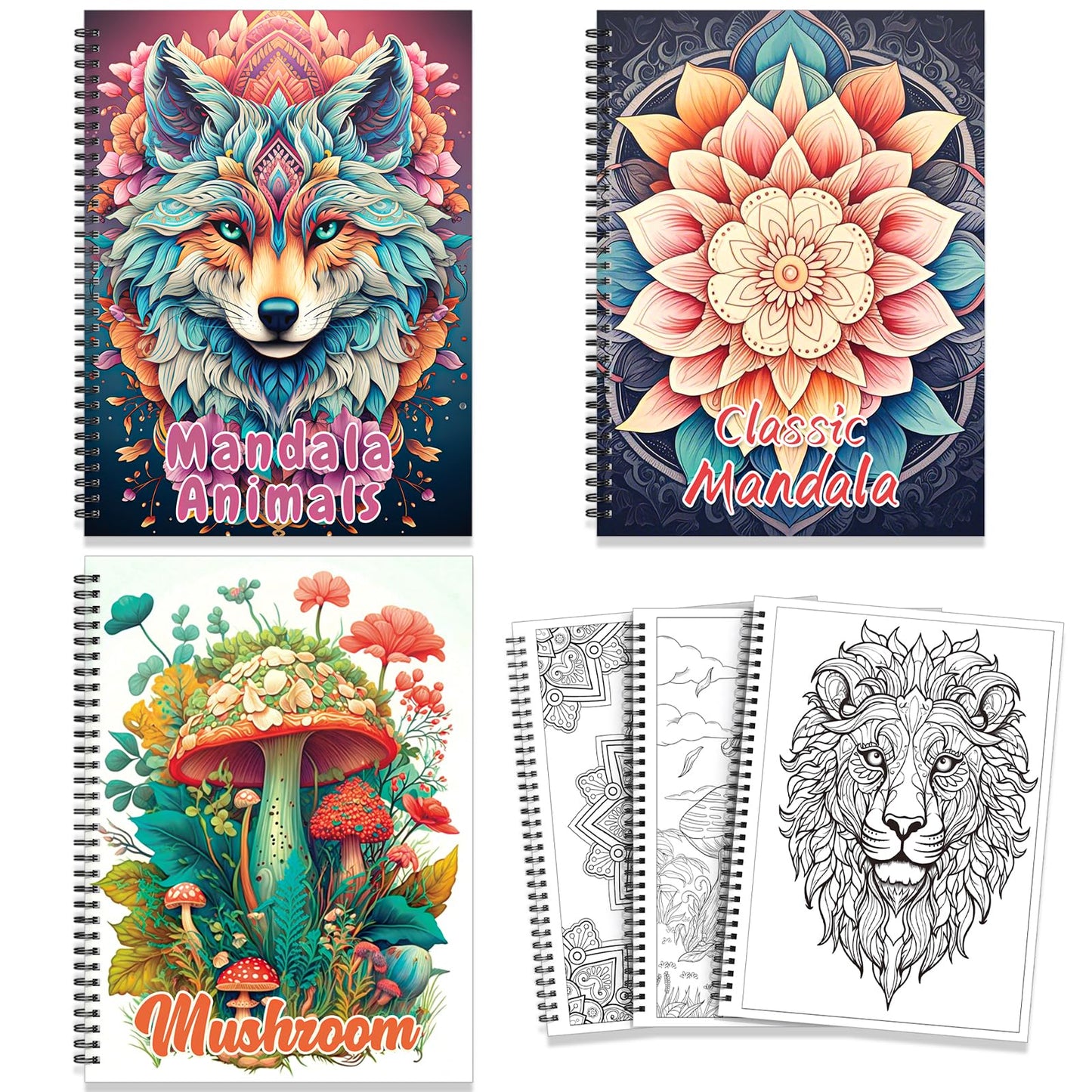 69 Calming Patterns Adult Coloring Books for Women Relaxation 3 Pack Large Print Mandala Animal Mushroom Spiral Bound Stress Relief Color Book for Adults and Teens to Relax and Relieve Anxiety