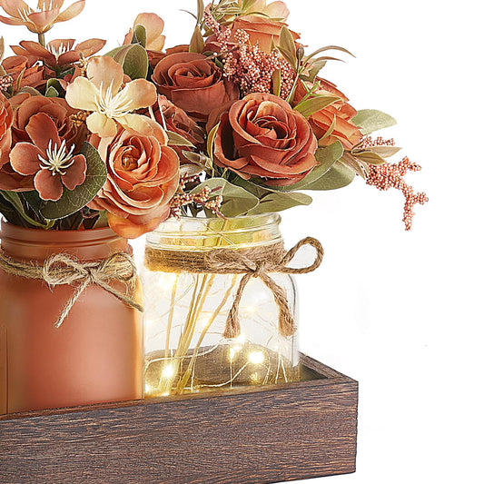 Mkono Mason Jar Lights Centerpiece Table Decorations for Dining Room Farmhouse Coffee Table Decor Tray with 3 Jars Flowers Centerpieces Summer Decor for Kitchen Living Dining Room, Orange