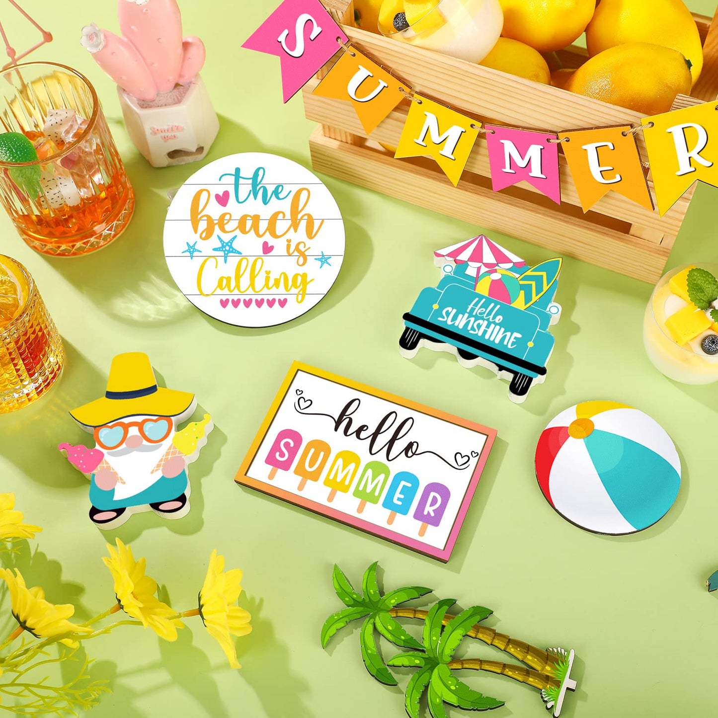 12 Pcs Tiered Tray Decor Set - Hello Summer Hawaii Farmhouse Rustic Beach Gnome Wood Sign Items for Home Table Kitchen Shelf Decor