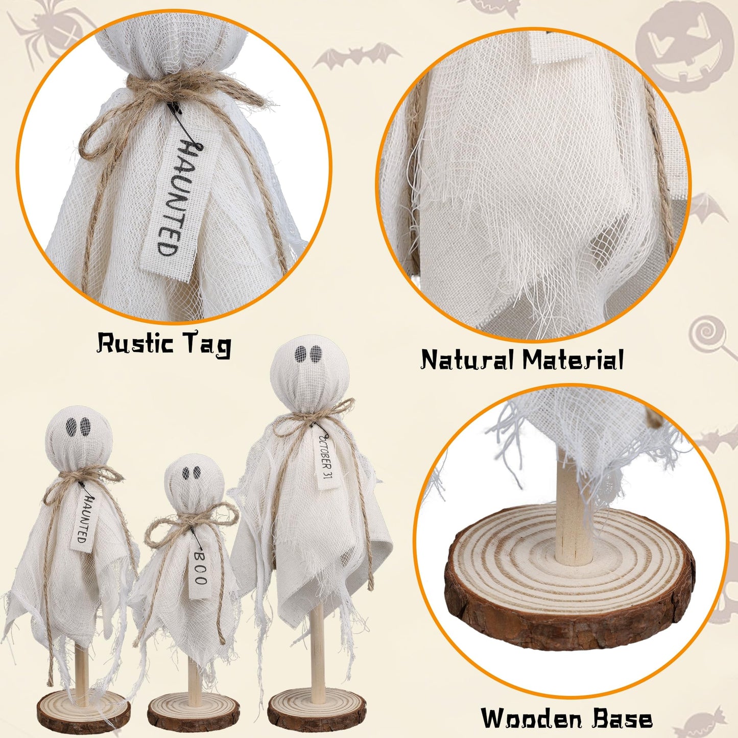 DR.DUDU 3 Pack Halloween Ghost Decor - Primitive Wooden Ghost Kit for Table Centerpiece Indoor Decorations, Spooky Cute Ghosts for Farmhouse Shelf Mantel Kitchen Home & Office Decor