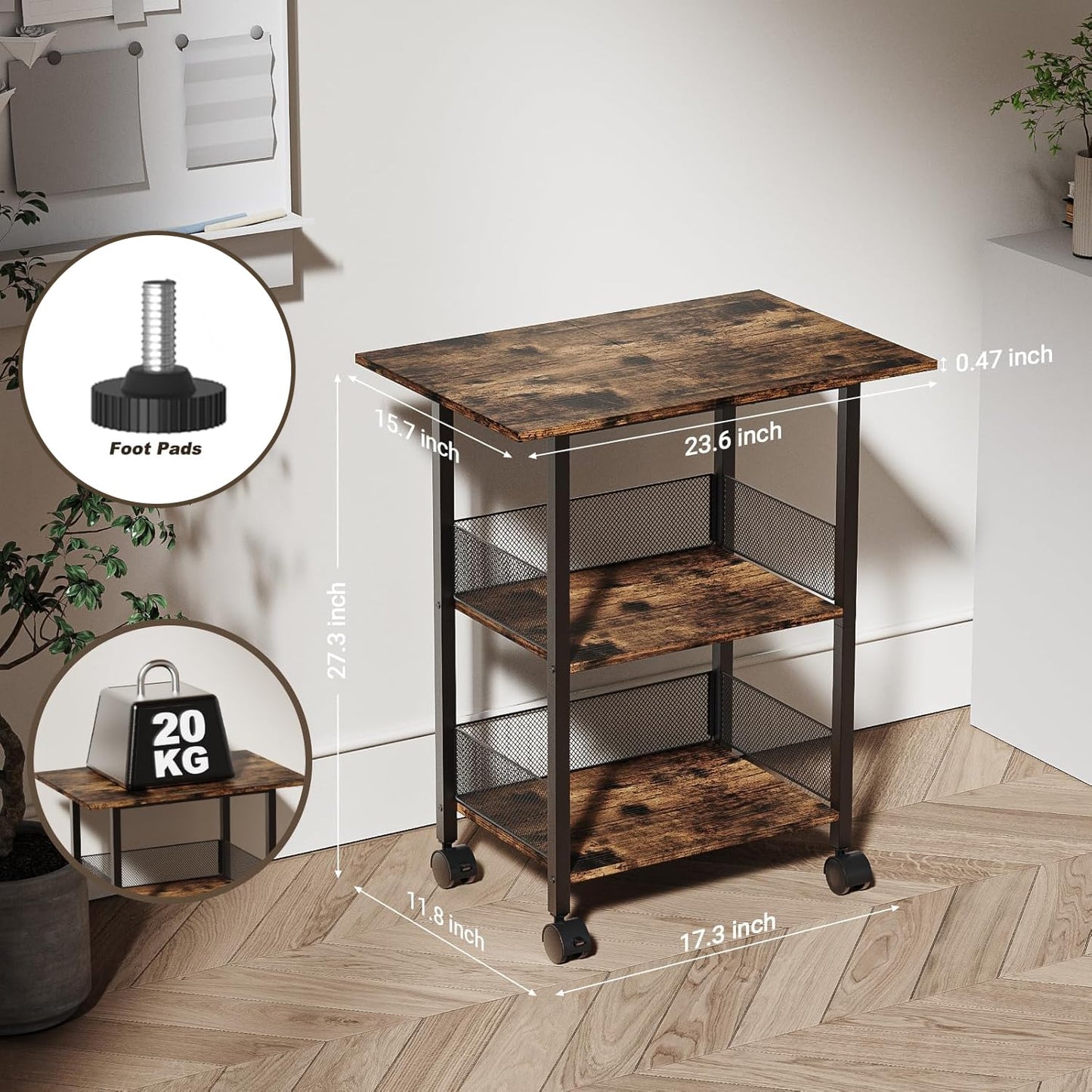 BOHDK Printer Stand, 3-Tier Industrial Large Printer Table with Shelf, 23"x15" Mobile Heavy Duty Storage Rack on Wheels for Home Office Printer Fax Machine Scanner Copier