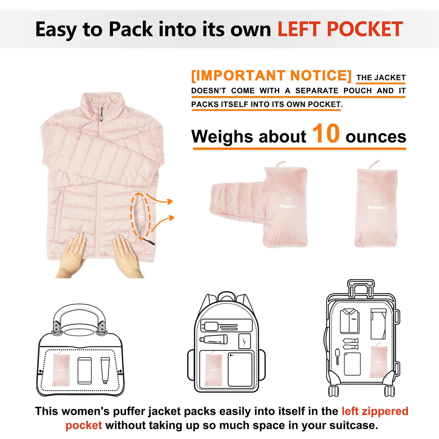 Outdoor Ventures Women's Packable Full-Zip Short Puffer Jacket Insulated Quilted Warm Lightweight Winter Coat
