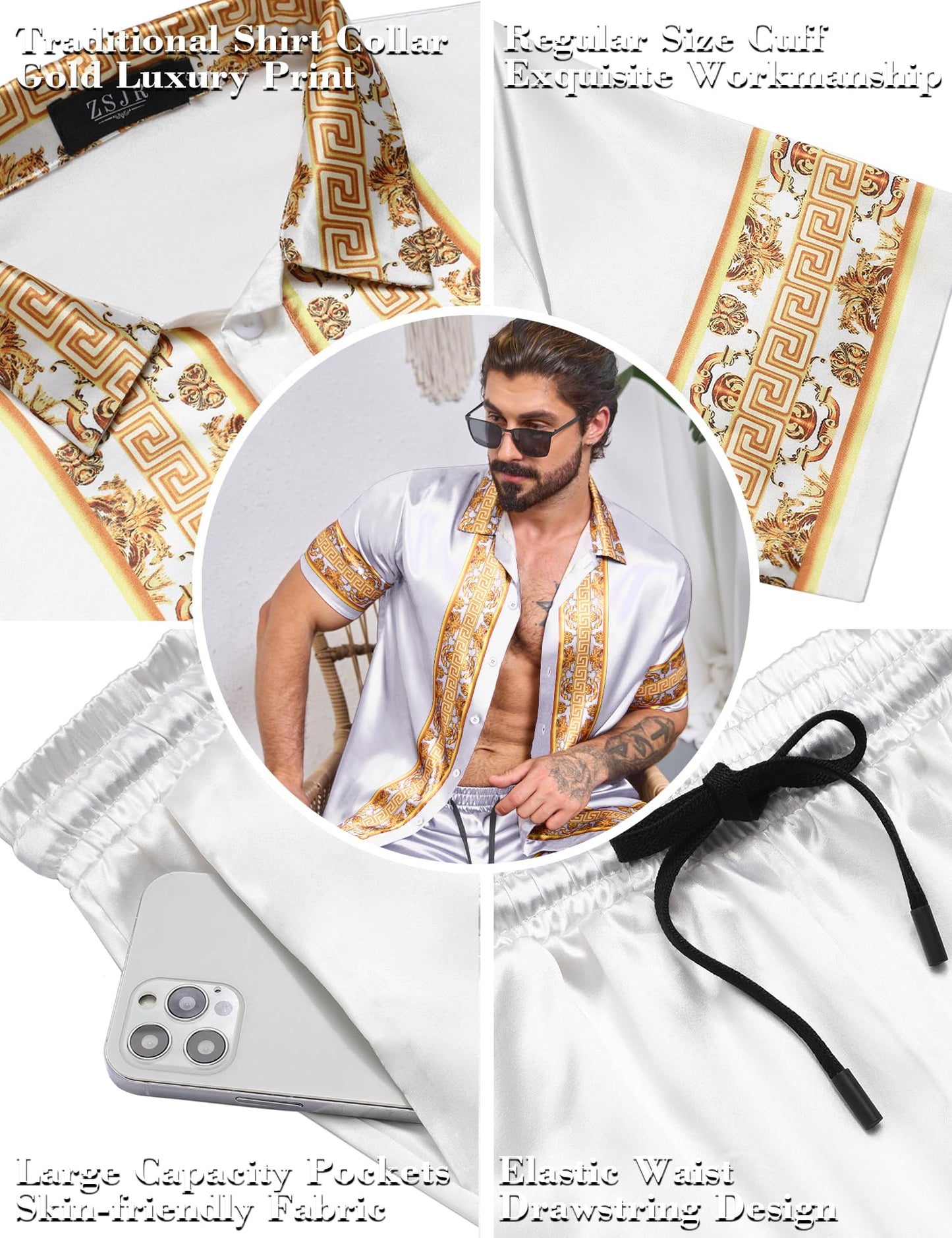 ZSJR Mens Hawaiian Outfits Christmas Shirt Satin African Camisas De Seda Para Hombres Clearance Sets 2 Piece Fashion Casual Luxury Shiny Silk Like Button up Dress Rompers Sexy Miami Shirts for Men