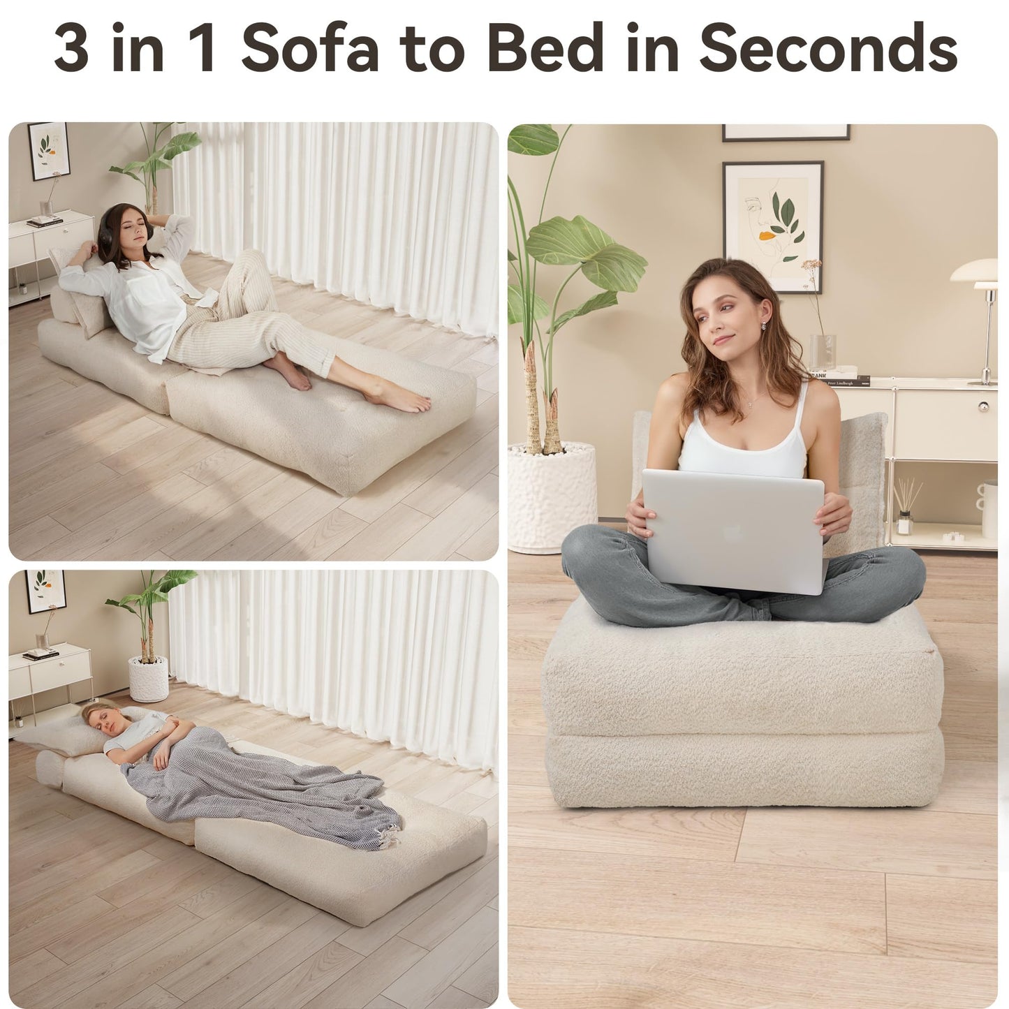 MONVANE Folding Sofa Bed - Ergonomic Foldable Sleeper Chair for Living Room/Dorm/Office, Teddy Velvet Futon Couch, Lounge Sofa, Convertible Floor Mattress, Lazy Sofas with Headrest Lumbar Pillow,Beige