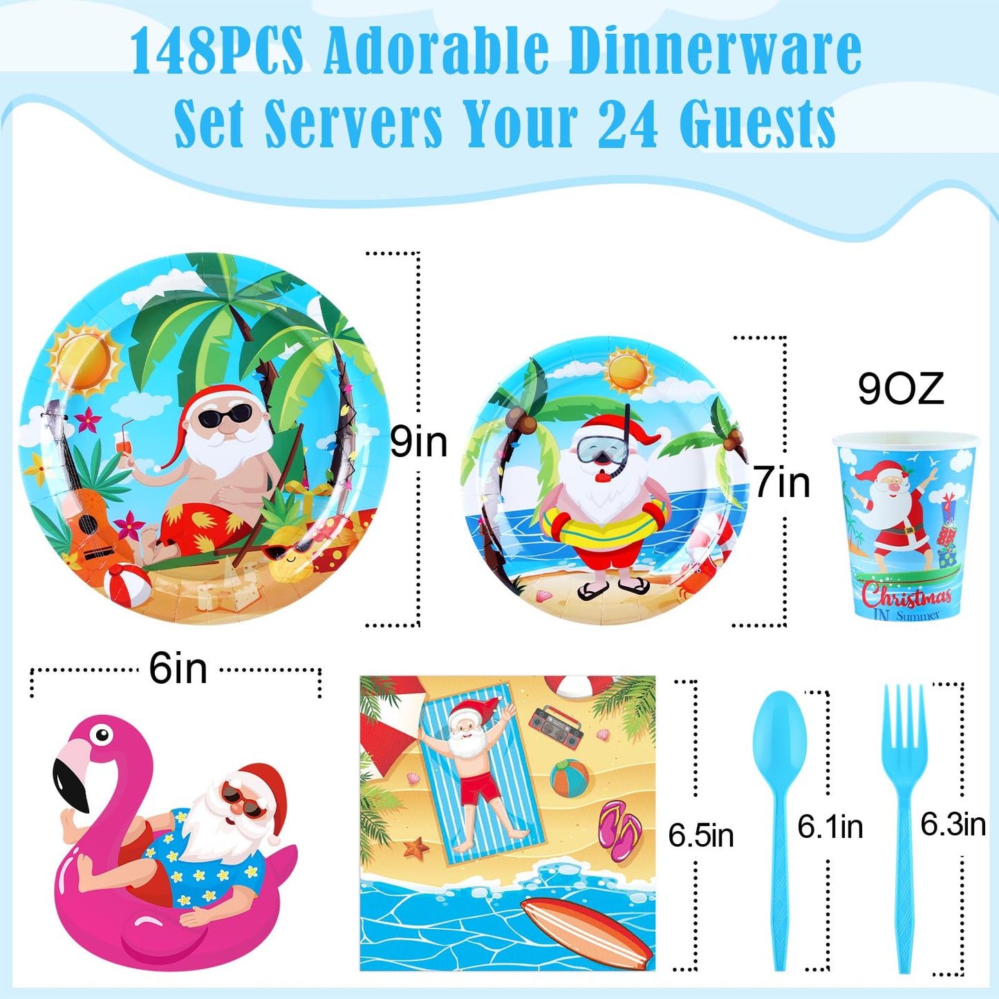 Teenyyou 148 Pcs Summer Christmas Decoration Summer Party Supplies with Disposable Tablecloths Plates Cups Napkins Forks Spoons Banners for Christmas Pool Party Favors