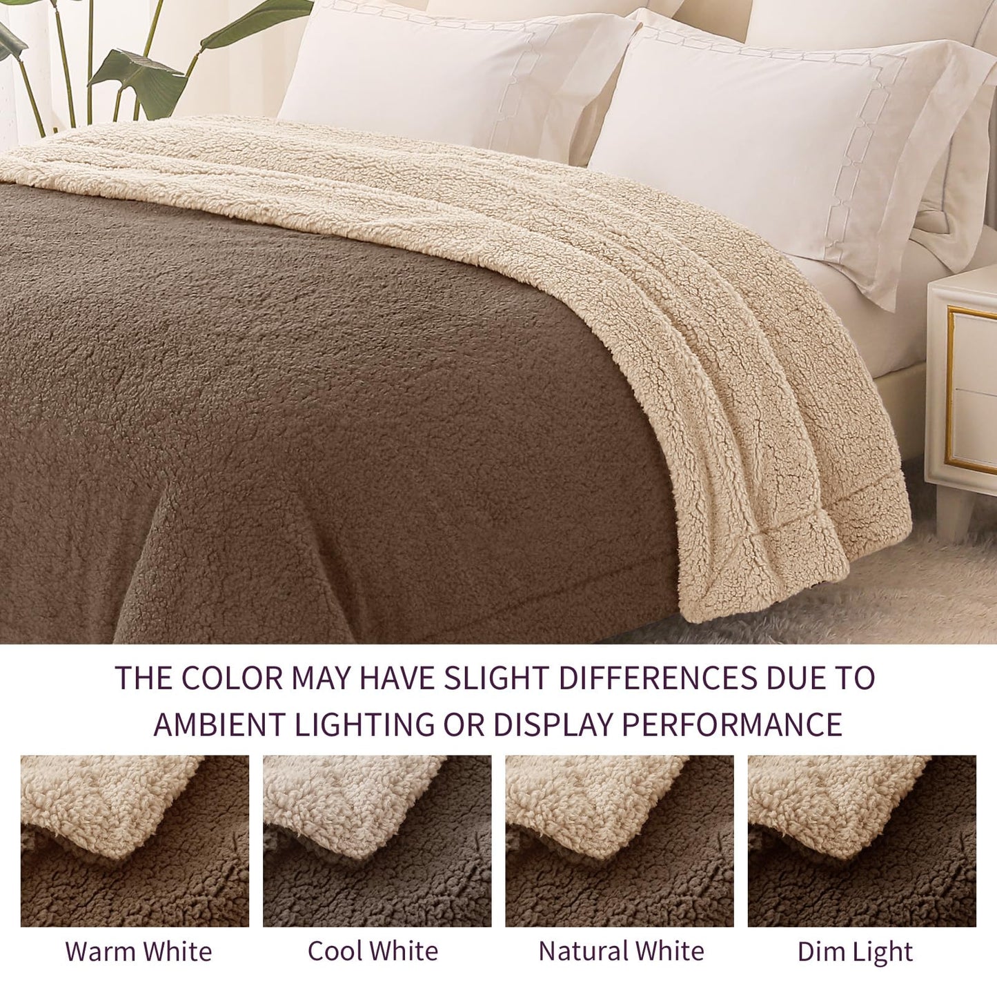 Exclusivo Mezcla Reversible Sherpa Fleece Throw Blanket for Couch, Soft Plush Blanket for Bed, Thick Warm Fluffy Blankets for Winter, 50x60 Inches, Brown/Khaki