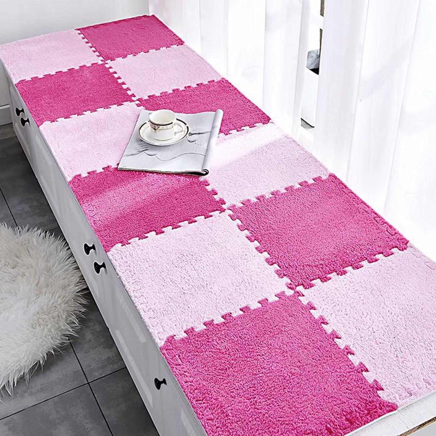 Typutomi 12pcs Plush Puzzle Foam Floor Mat, Soft Thicken Fluffy Interlocking Square Foam Tiles Area Rugs Carpet for Parlor Bedroom Decoration(11.8x11.8x0.55in,Rose Red&Pink)