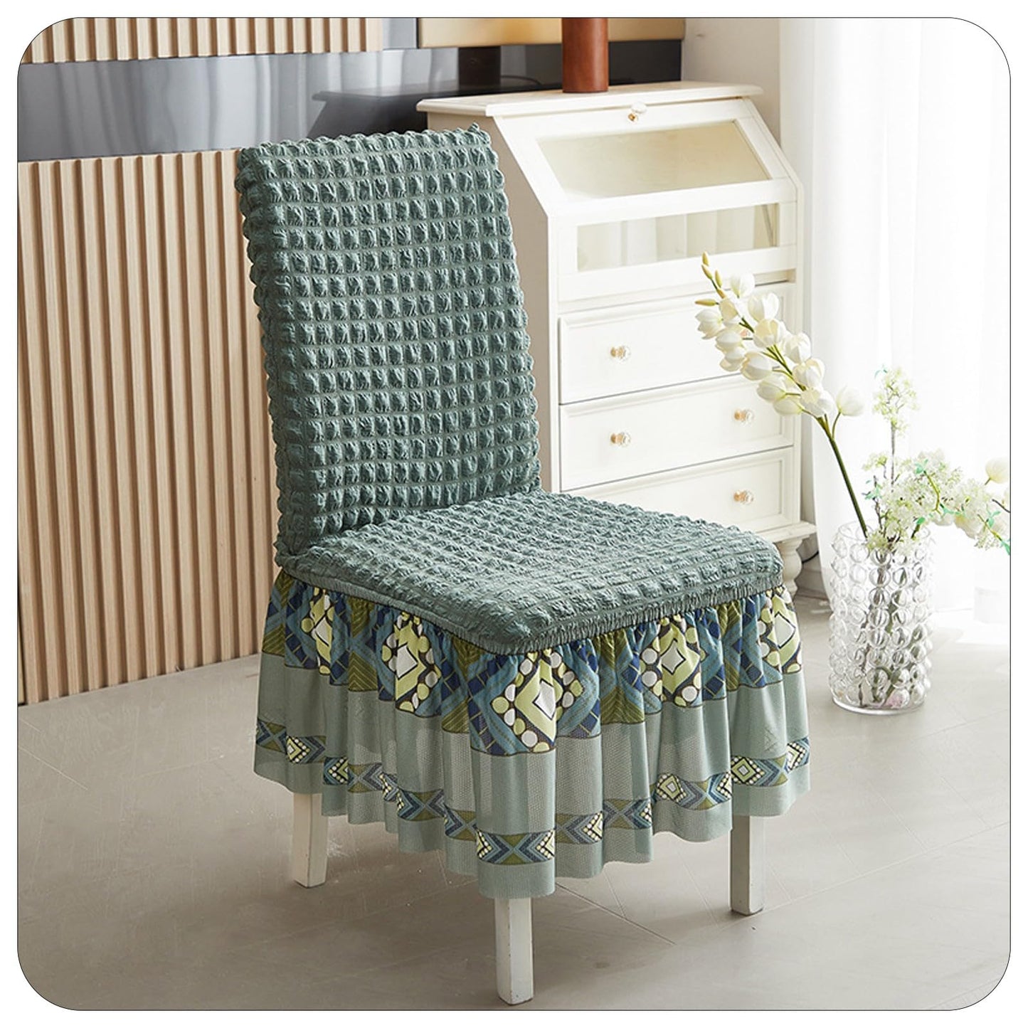 Ouxeer Dining Chair Covers Stretch Seersucker Chair Slipcover with Skirt Washable Chair Covers for Dining Room Restaurant Banquet(Cyan)