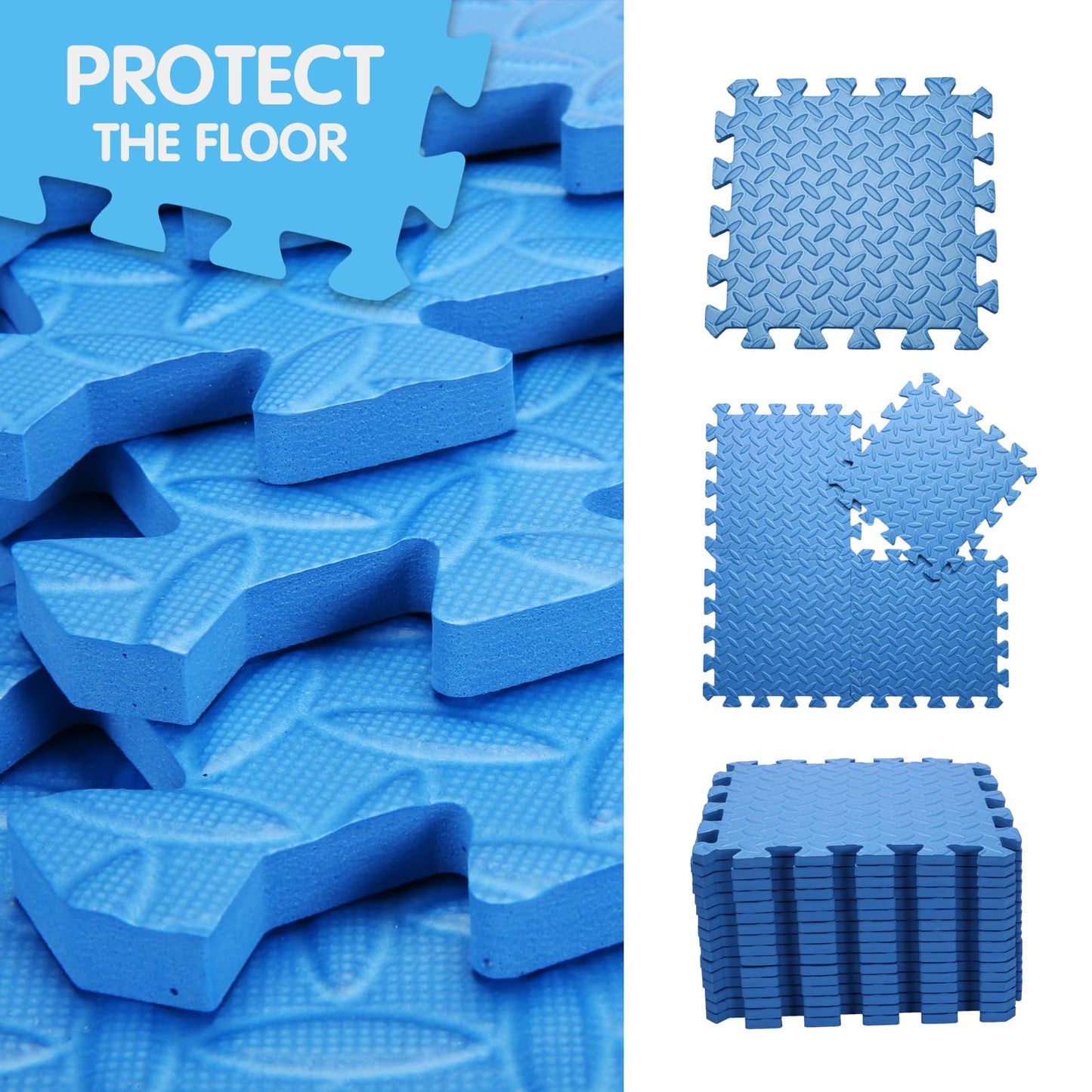 Coolcandy EVA Foam Play Mat, 16 Tiles Colorful Baby Play Mat, Square Kids Playmat with Solid Colored, 0.4" Thickened Interlocking Foam Floor Tiles, Puzzle Play Mat for Baby Lying, Playing (Blue)