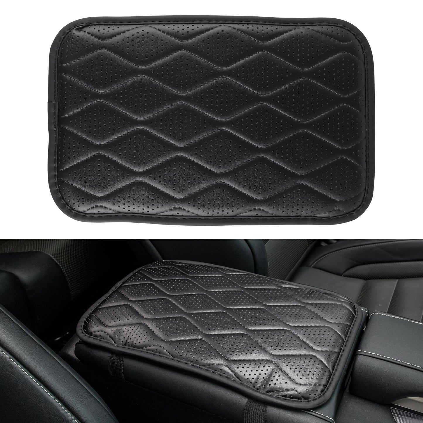 Amiss Auto Center Console Pad, Universal Waterproof Armrest Seat Box Cover, Car Interior Accessories, Leather Auto Armrest Cover Protector for Most Vehicle, SUV, Truck (Black)