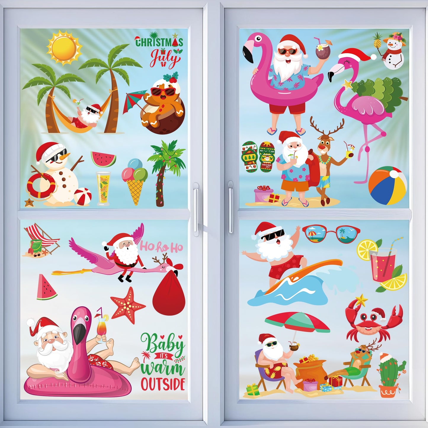 Christmas July Window Clings, 9 Sheets Summer Christmas Window Clings, Tropical Santa Claus Decals Decor, Flamingo July Hawaiian Xmas Snowman Stickers Beach Hawaii Summer Party Decorations Supplies